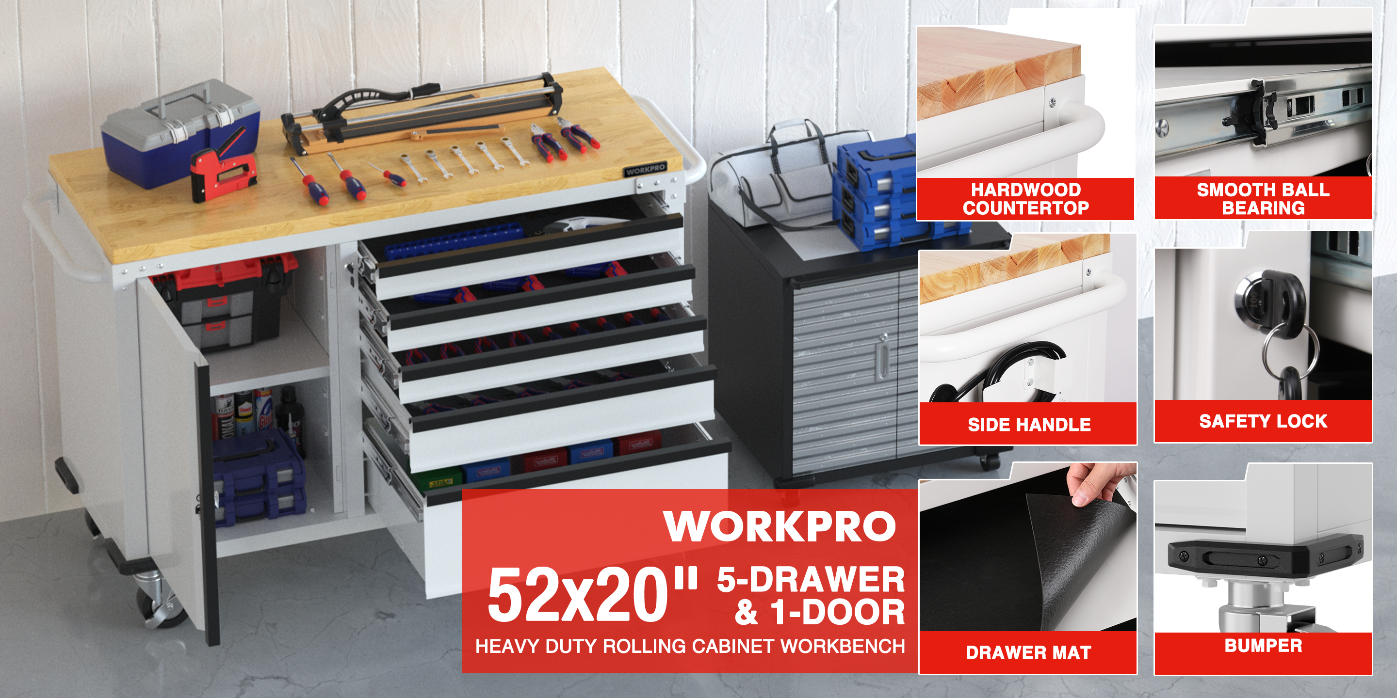 Workbench tool cabinet with open drawers, hardware kit on top, and labels for hardwood countertop and smooth bearing