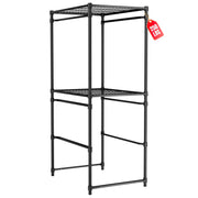 Black 5-tier metal storage rack with wire shelves and upright corner posts.