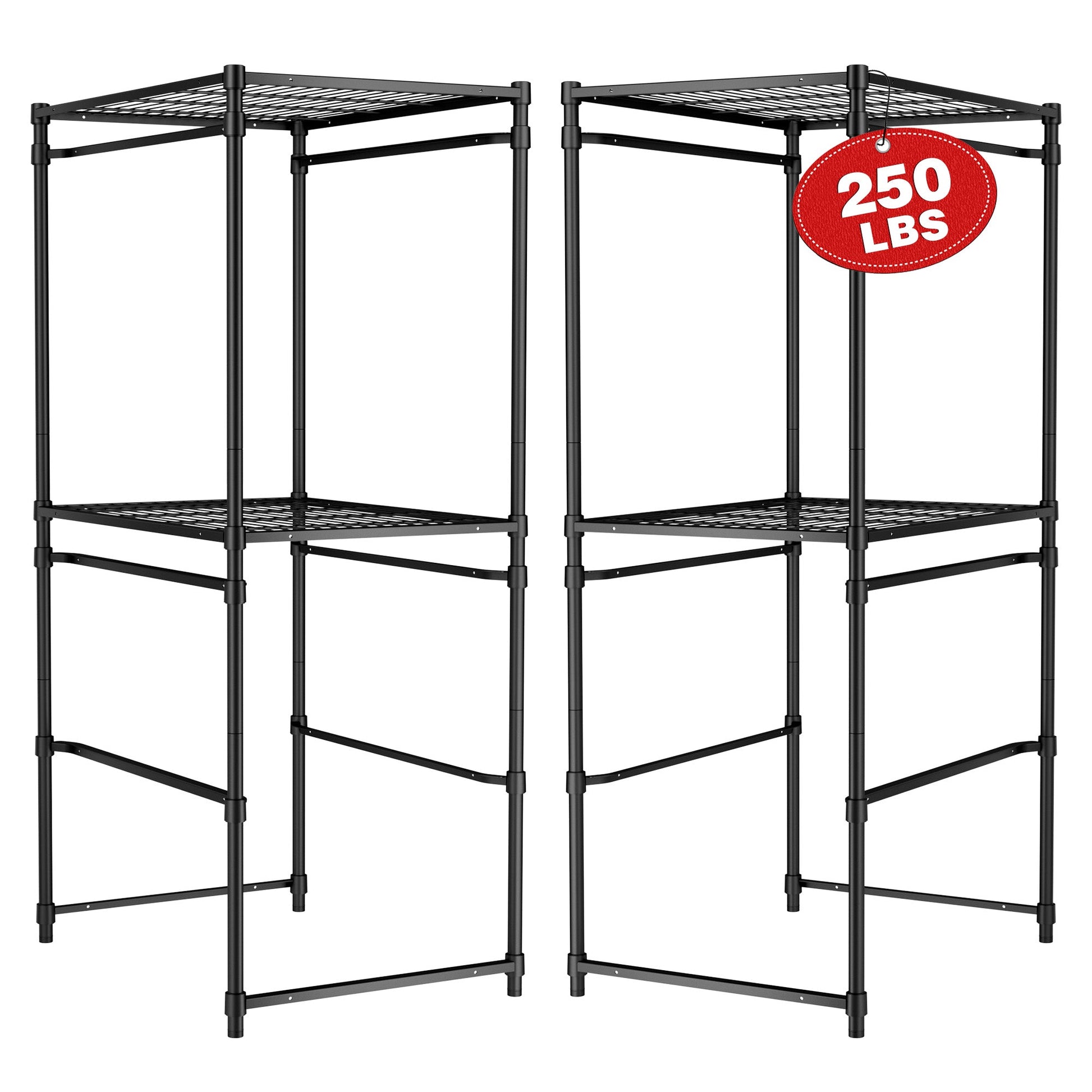 2-pack 5-tier metal storage rack, black frame with wire shelves, two units with totes