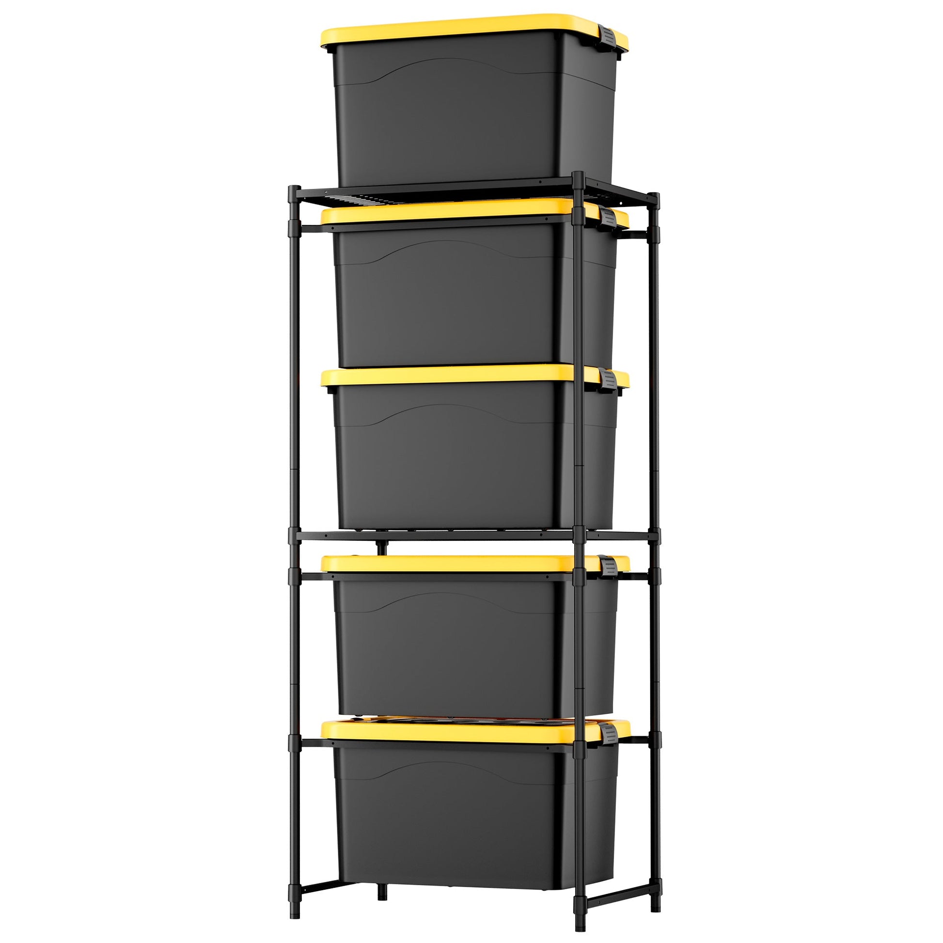 Black 5-tier rack with stacked dark totes and yellow latch bands, front view.