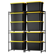 Close-up of two 5-tier racks showing stacked black totes and yellow support rails