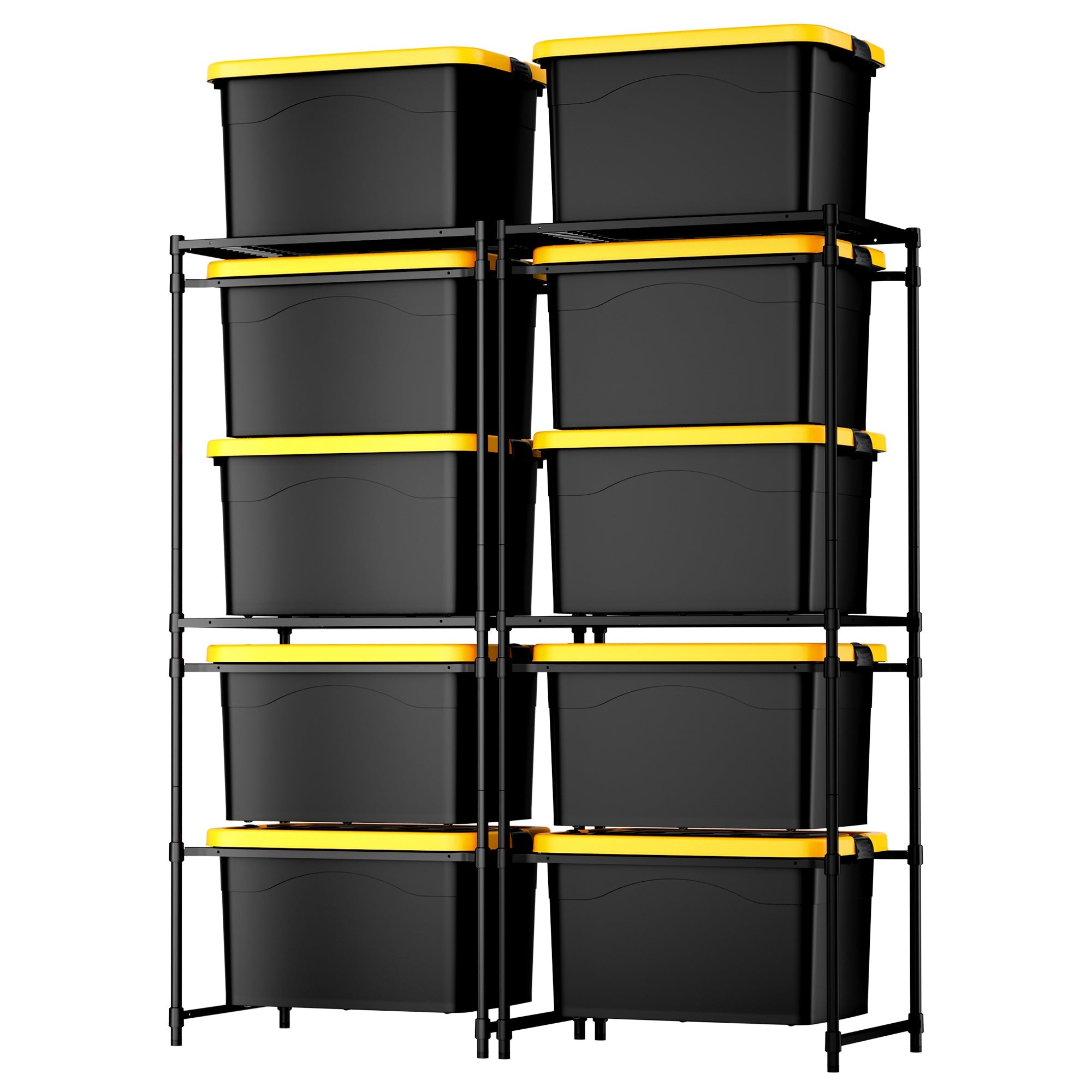 Close-up of two 5-tier racks showing stacked black totes and yellow support rails