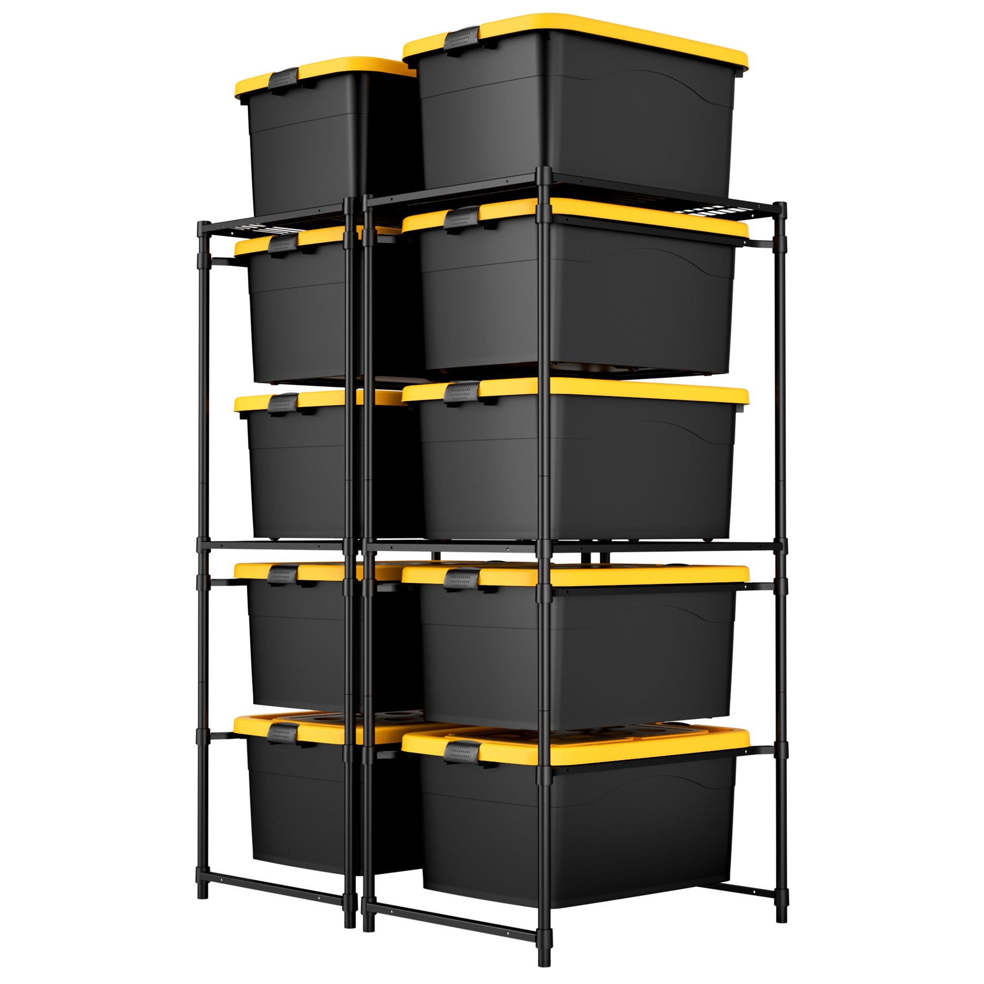 WORKPRO 5-tier metal bin storage rack with black plastic bins and yellow accents