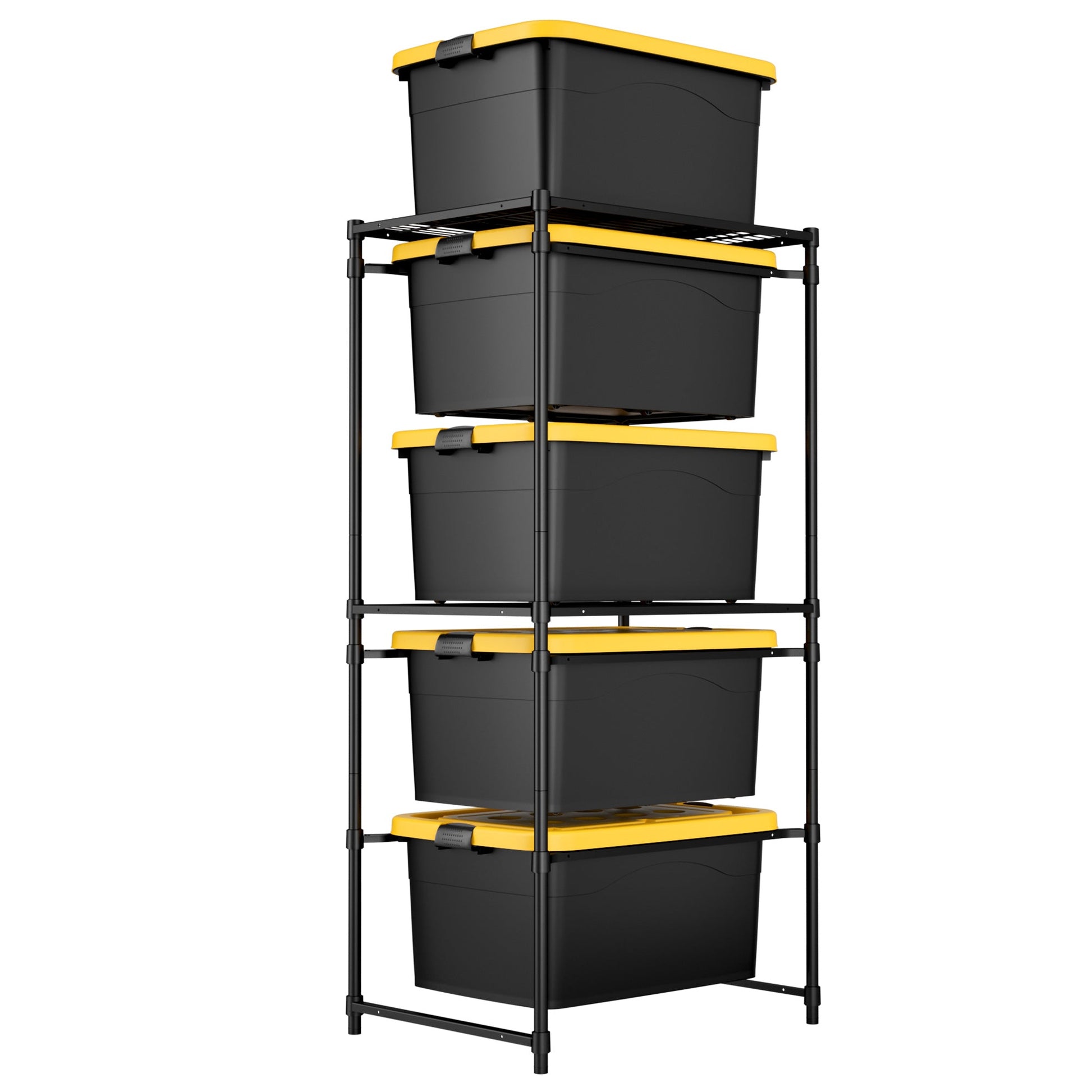 Black 5-tier bin storage rack with stacked dark totes and yellow latch bands, front view.