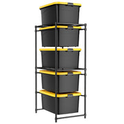 Black 5-tier metal storage rack with four stacked 27-gallon totes and yellow shelf supports