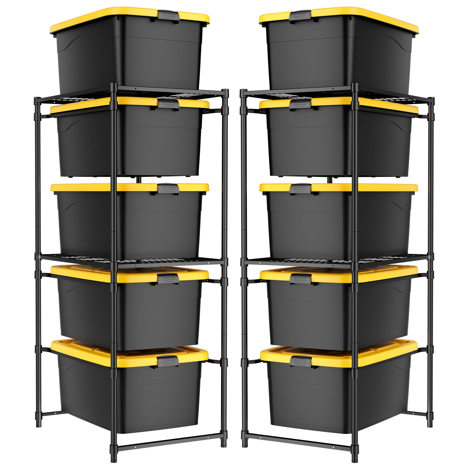 Front view of two 5-tier storage racks with stacked black totes and yellow rails
