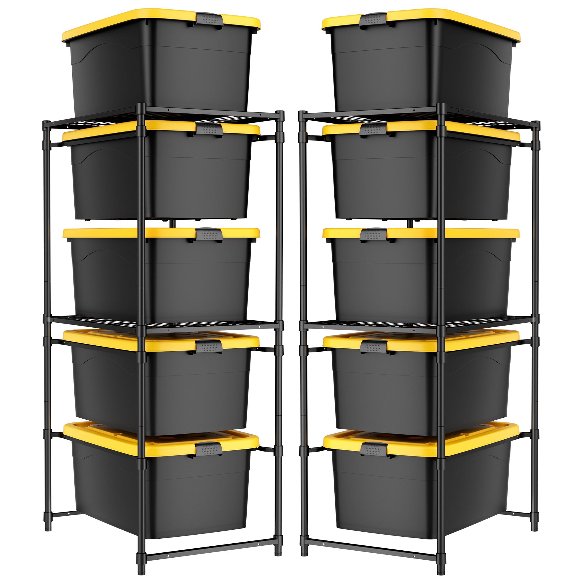 Front view of two 5-tier storage racks with stacked black totes and yellow rails