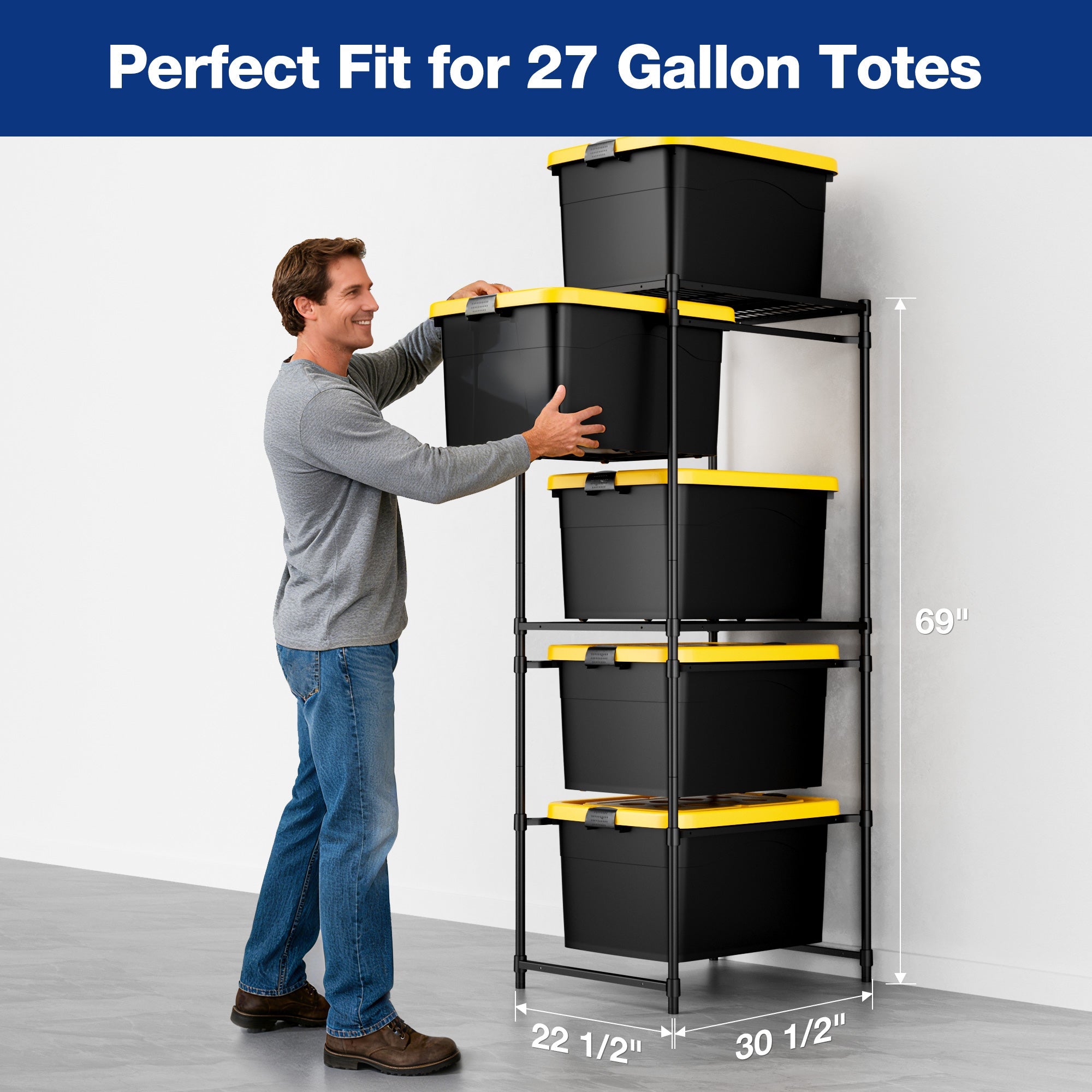 Black 5-tier storage rack holding multiple black totes with yellow latch bands.