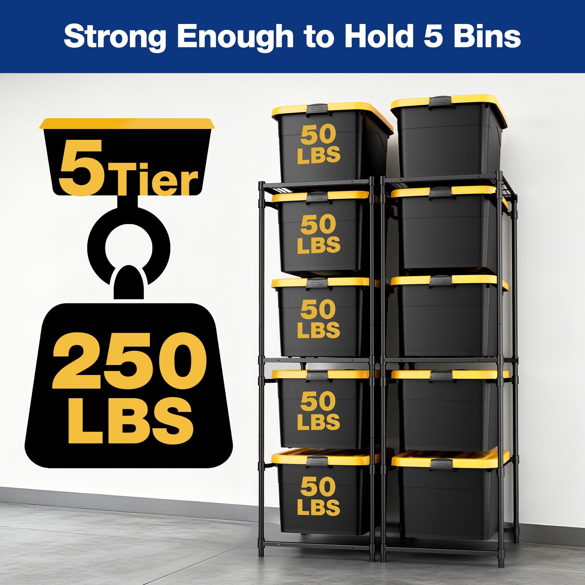 2-pack 5-tier rack holding multiple black storage bins with yellow handles, side by side