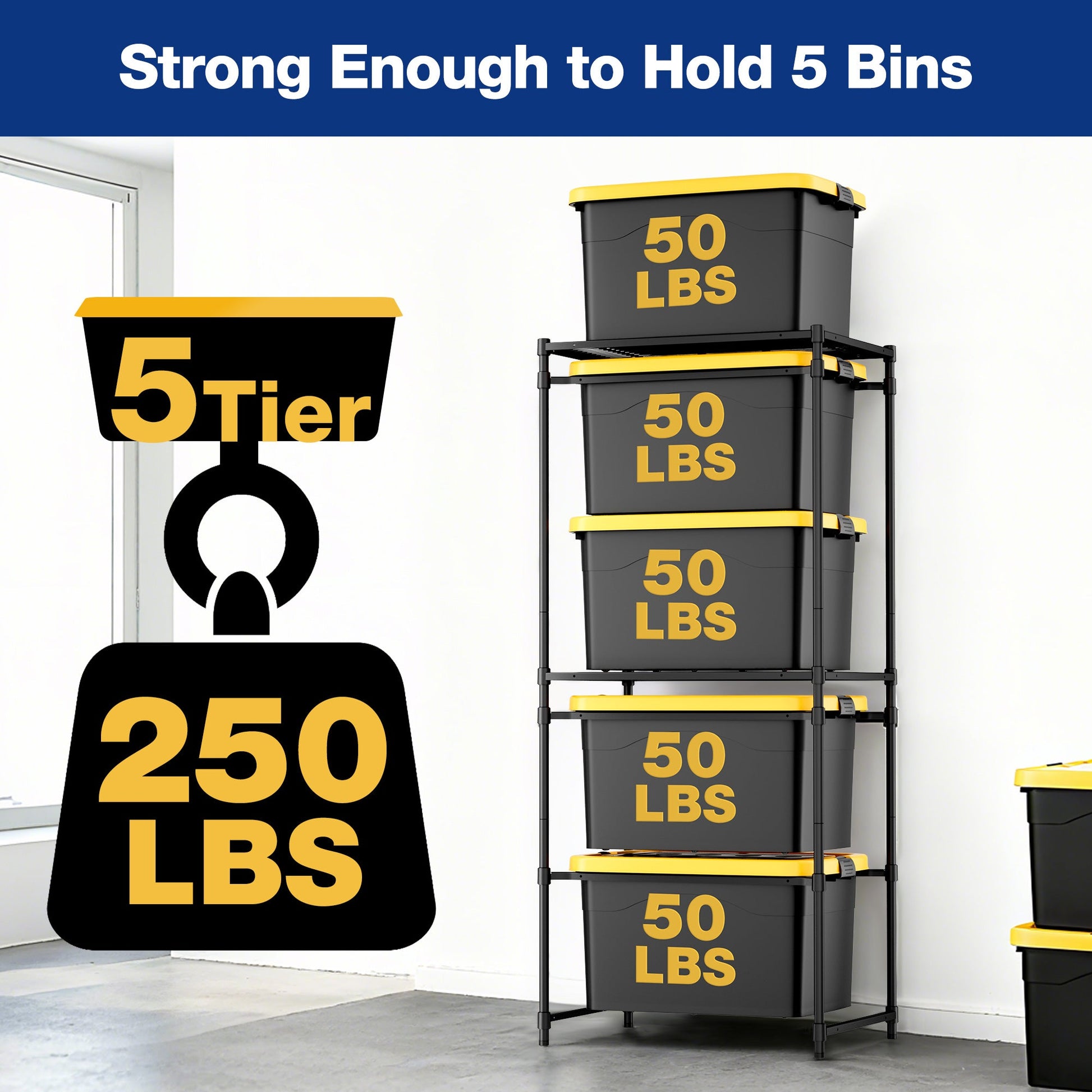 Black 5-tier bin storage rack with five stackable dark totes and yellow latch bands.