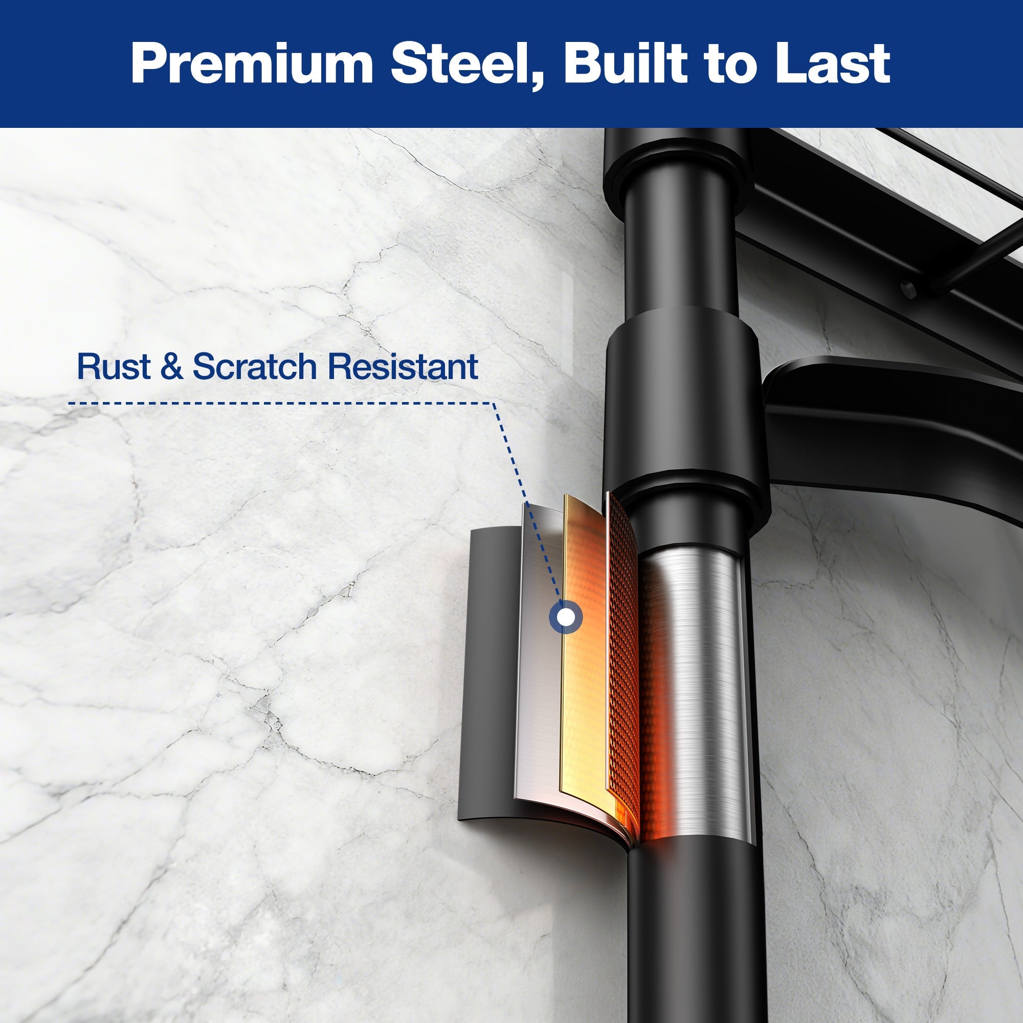 Black metal storage rack post with protective finish, designed for rust- and scratch resistance
