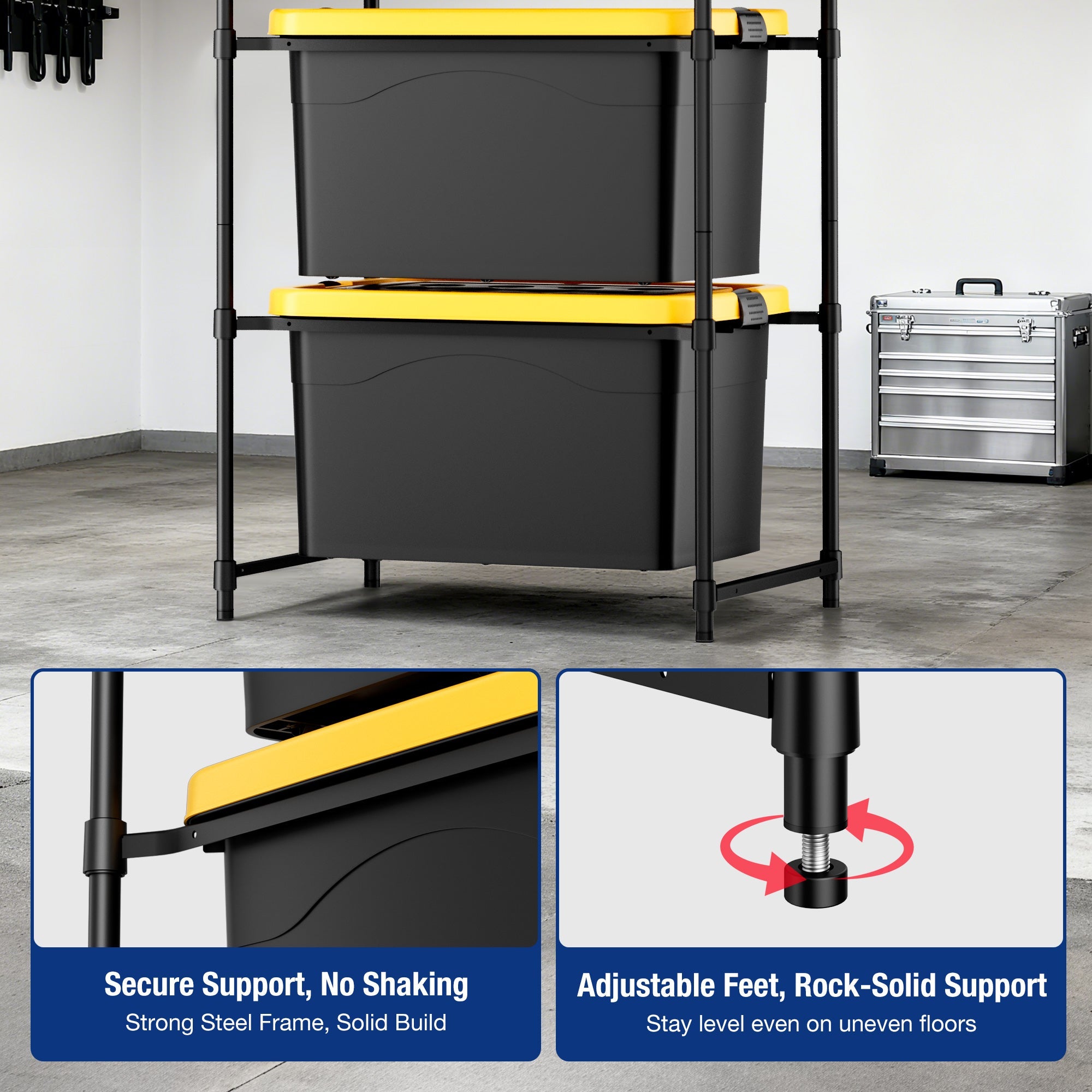 Black 5-tier bin storage rack with stacked dark totes and adjustable leveler feet.