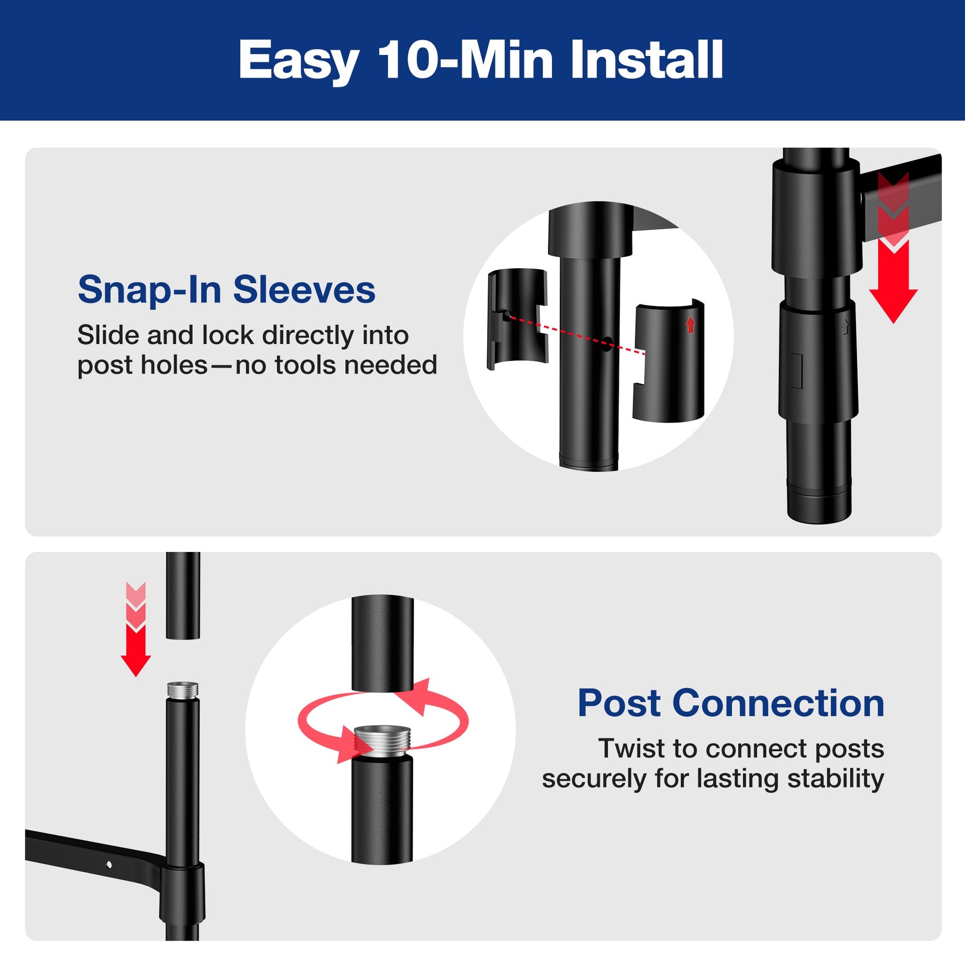 Black metal rack components with snap-in sleeves and post connector for 5-tier assembly