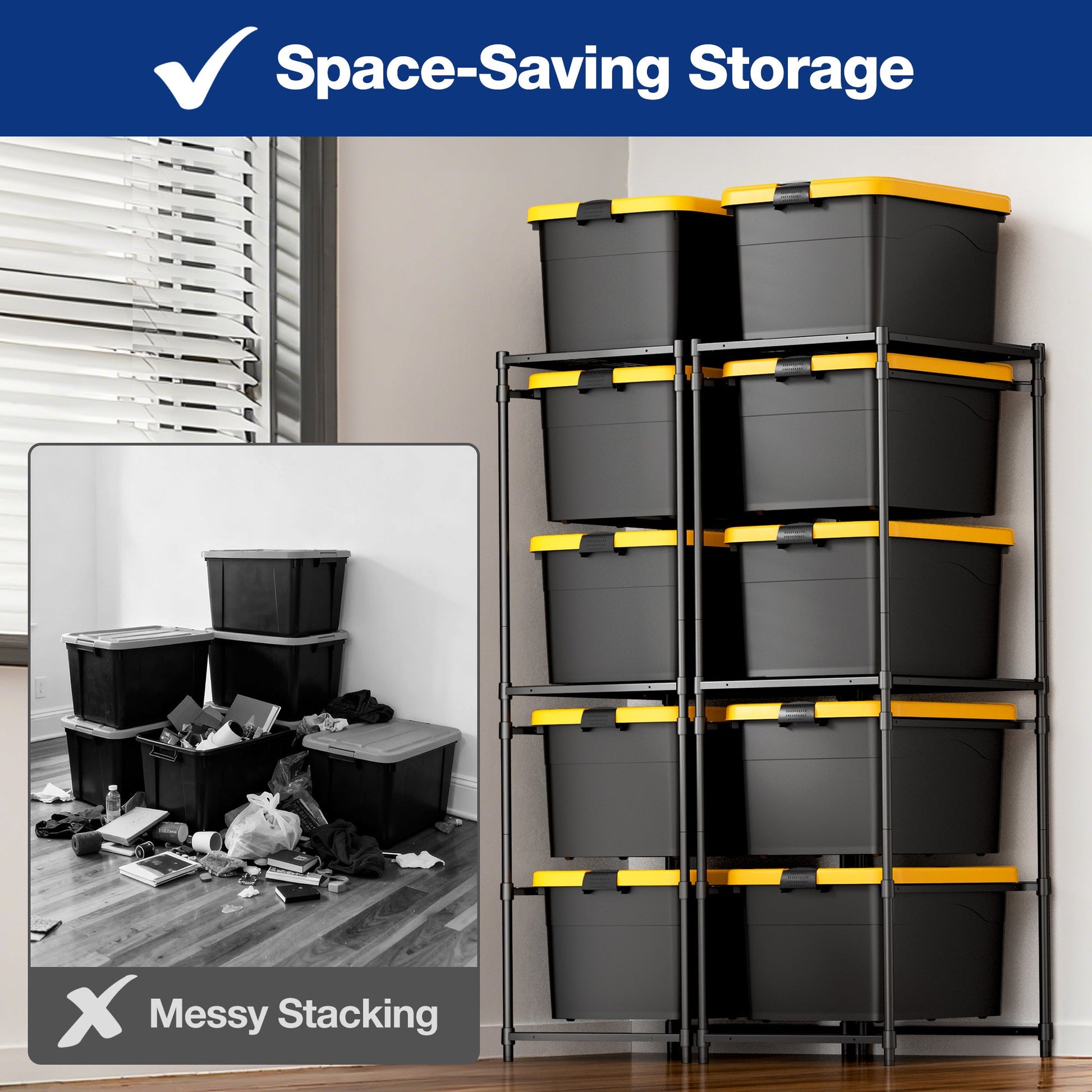5-tier storage rack with stacked black totes and yellow rails, two-unit set