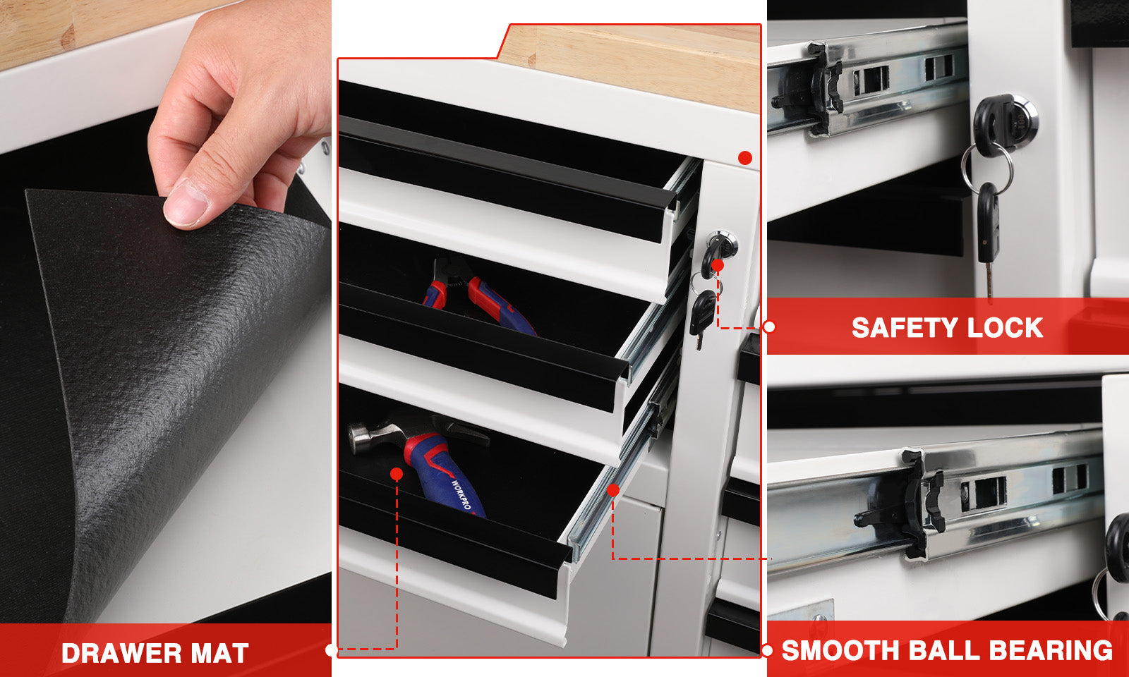 Drawer with slide rails and tools, showing safety lock and smooth ball bearing hardware, quality innovation
