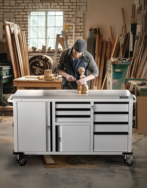 Woodworker using a tool at a workshop workbench, innovation and quality in a secure, durable setup