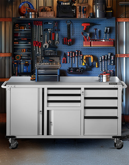 Workbench tool drawer with innovation and quality tools, red and black handles, secure storage and durable metal