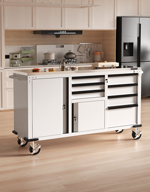 Kitchen island cart with drawers and shelves, innovation and quality shown in a clean modern workshop setting