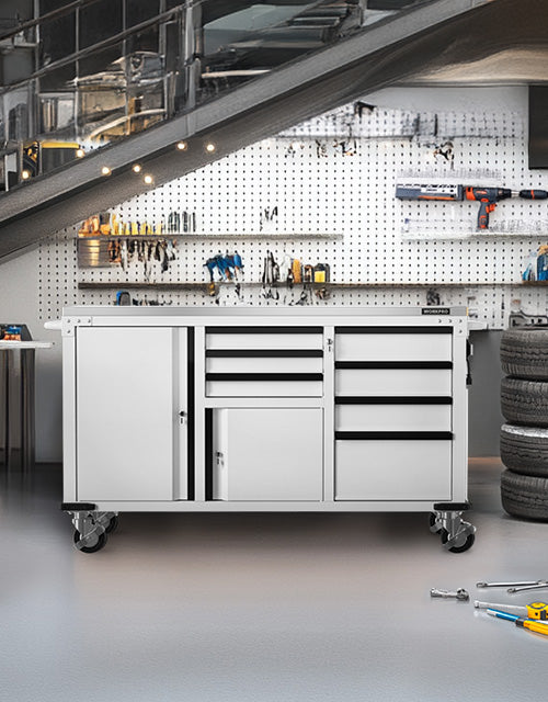 Workbench cabinet in workshop with tools on pegboard, innovation and quality shown by organized storage