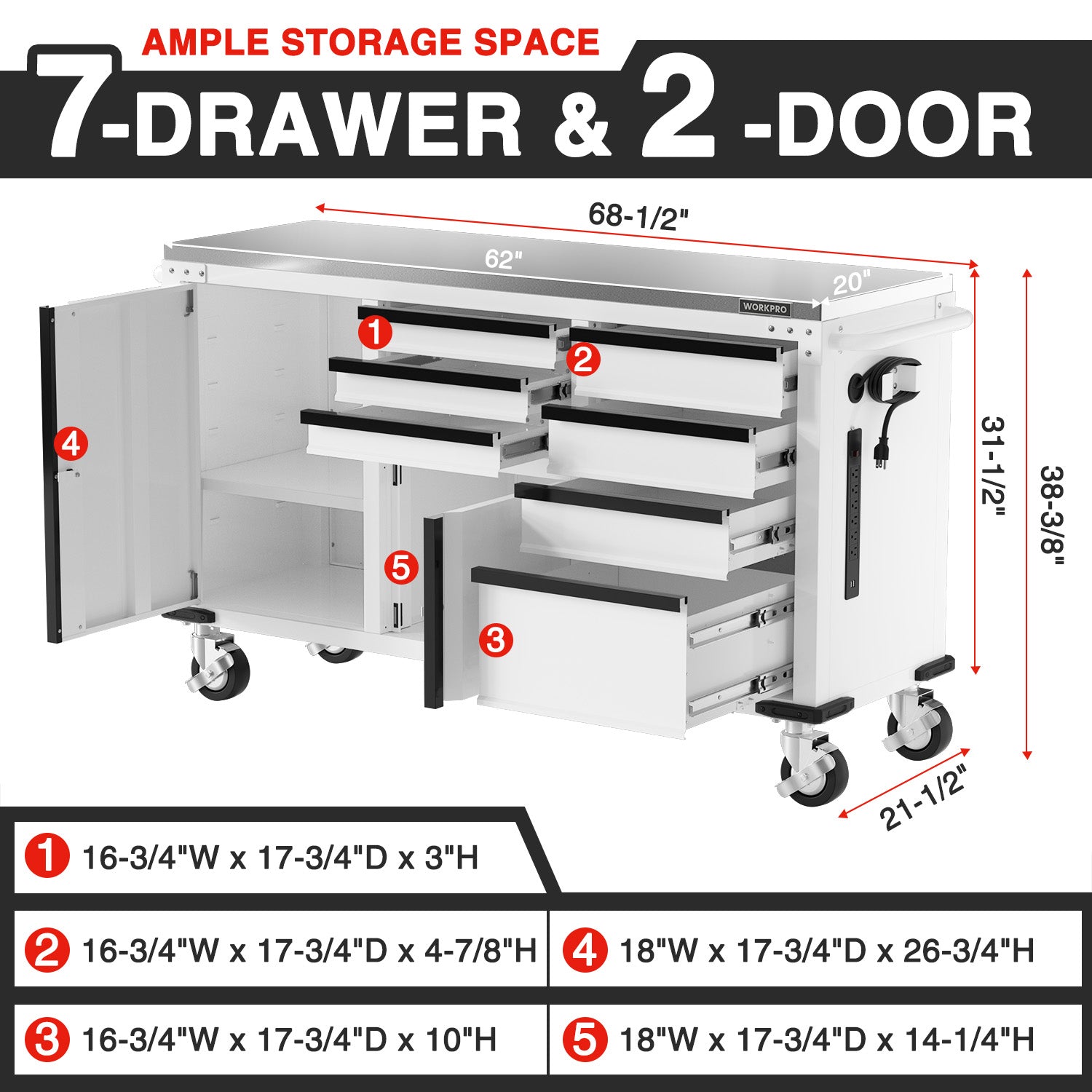 WORKPRO open rolling tool cabinet with 7 drawers and two doors on casters