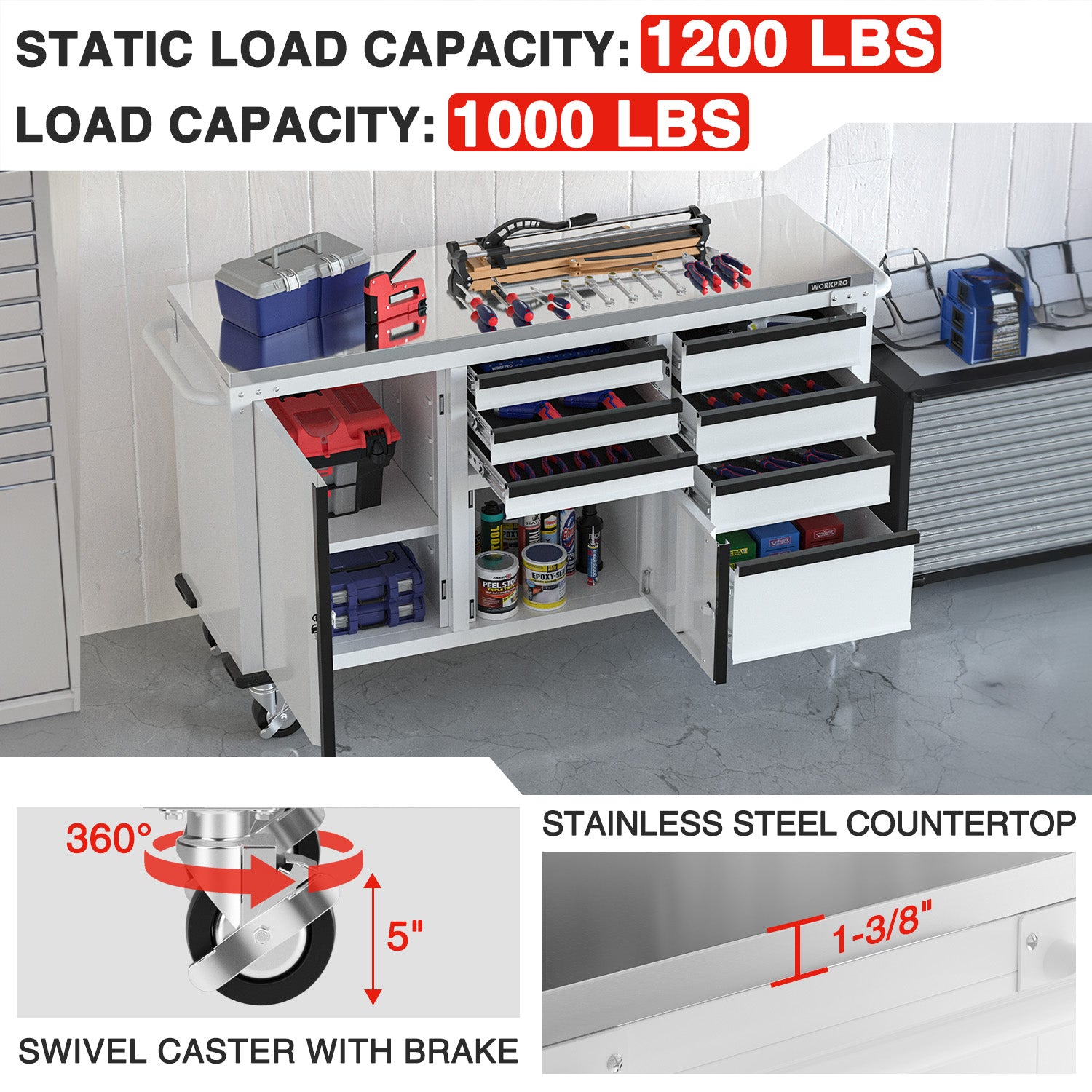 WORKPRO rolling tool cabinet with open storage drawers, stainless countertop, and lock casters