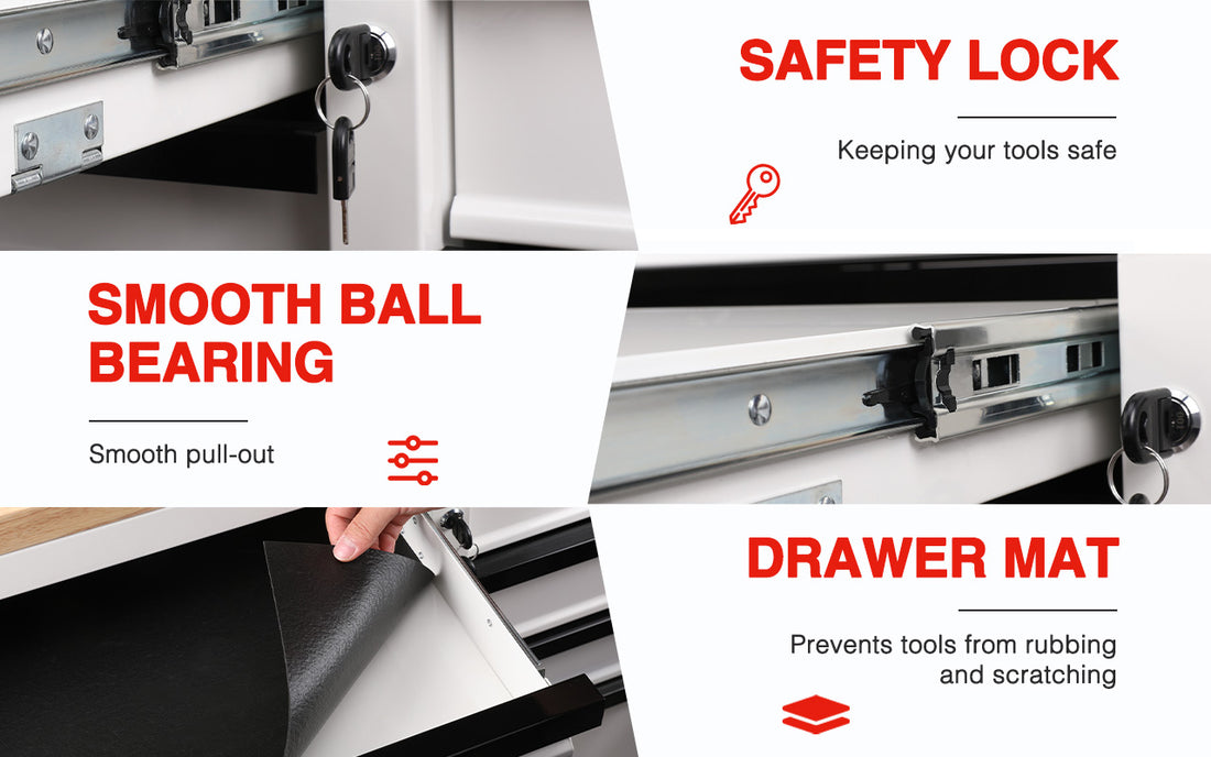Drawer slides with safety lock and smooth ball bearing, plus drawer mat text on a product collage