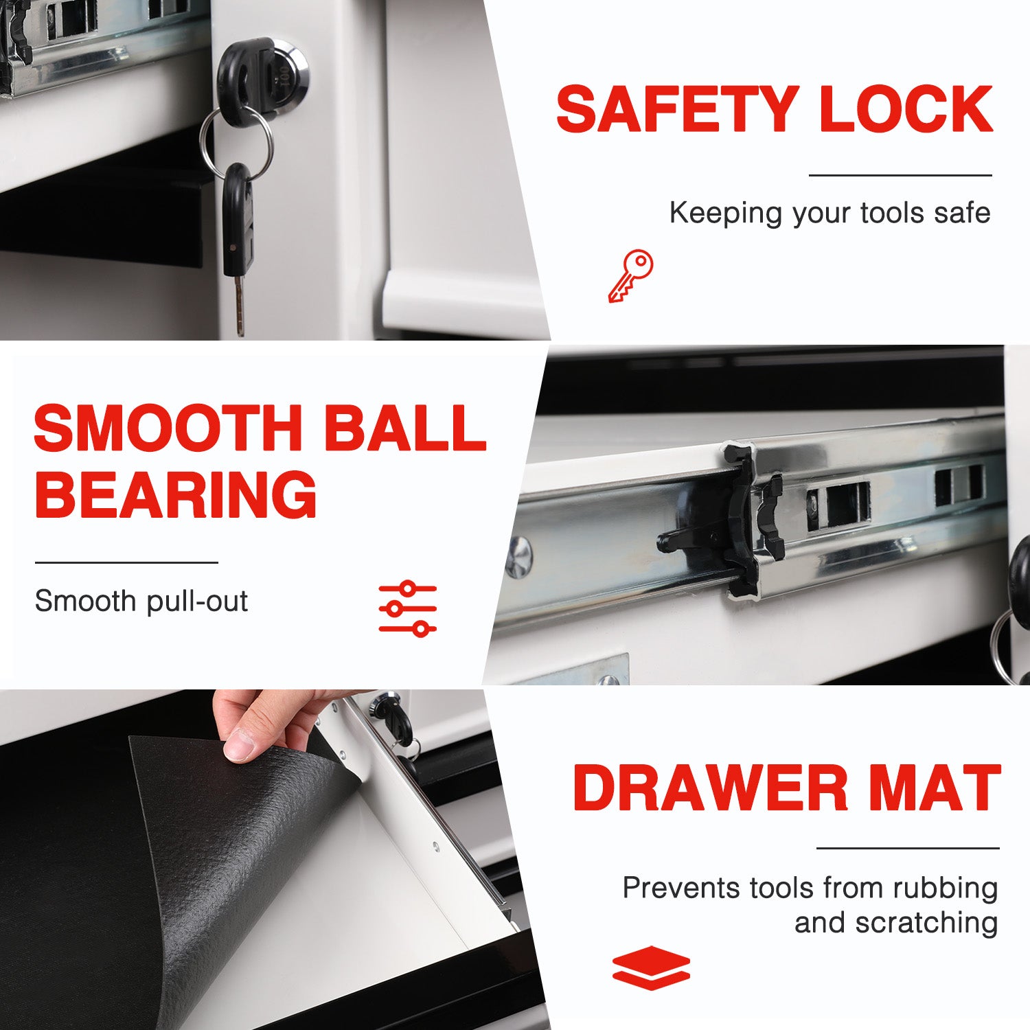 WORKPRO cabinet with safety lock and ring handle, smooth ball-bearing drawer slides