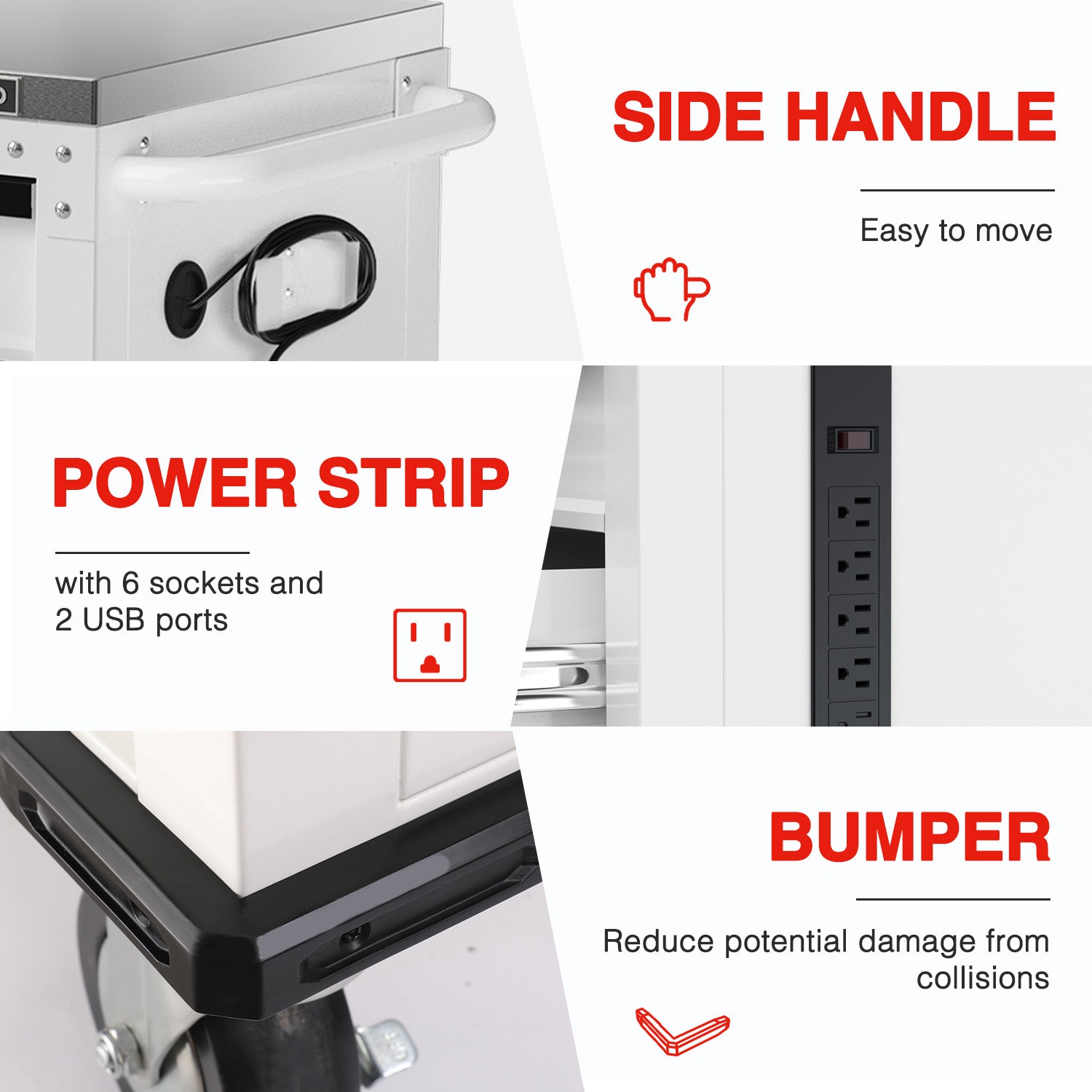 WORKPRO tool cabinet with side handle, power strip with USB ports, and bumper feet