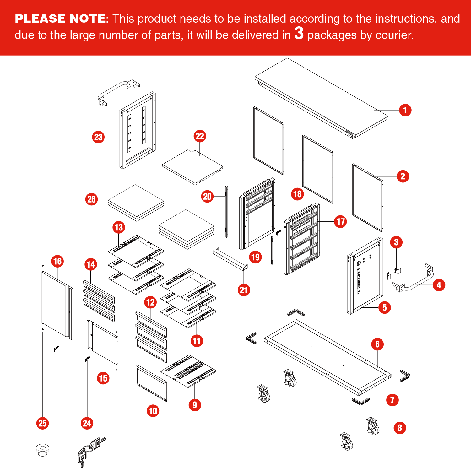 WORKPRO tool cabinet parts diagram with doors, drawers, and base frame components