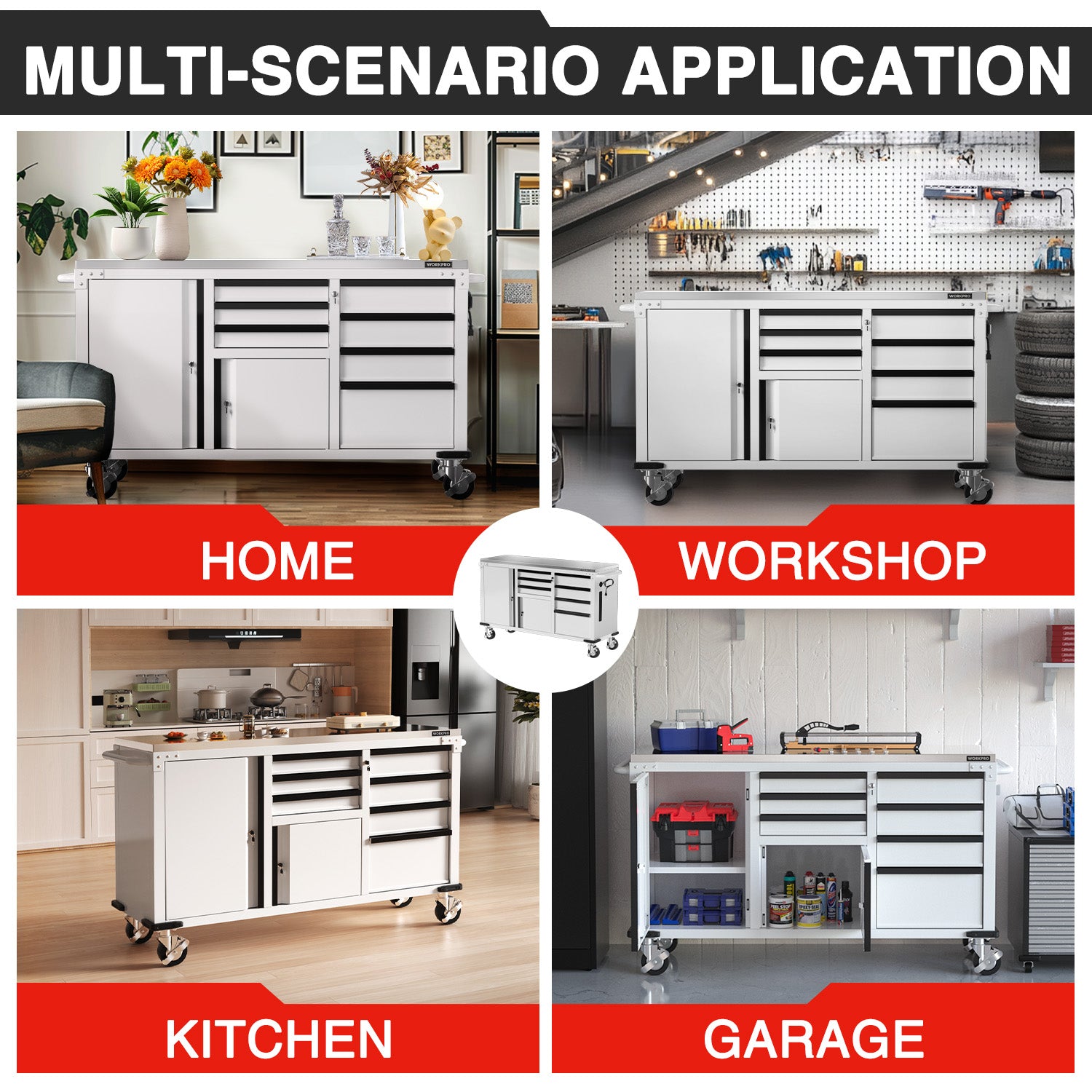 WORKPRO rolling tool storage cabinet with drawers and doors, stainless countertop, casters