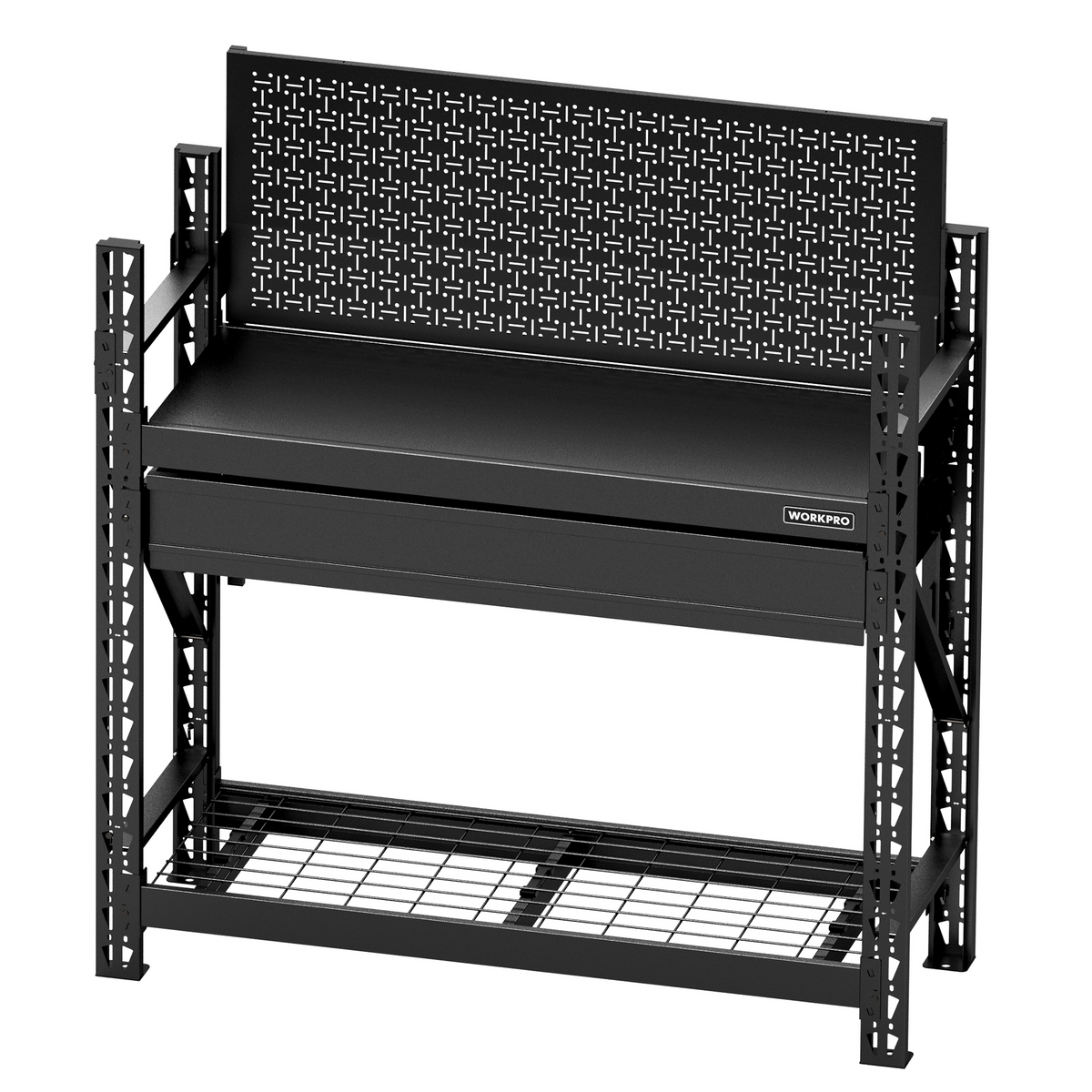 WORKPRO 50" Heavy Duty Steel Workbench with Pegboard & Drawer, 3180lbs Capacity Garage Workbench, Sturdy Shelves, Tool Storage Work Benches for Garage, Workshop & Woodworking