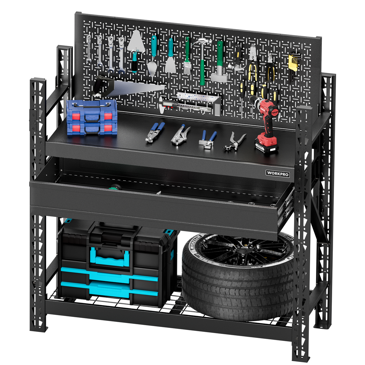 WORKPRO 50" Heavy Duty Steel Workbench with Pegboard & Drawer, 3180lbs Capacity Garage Workbench, Sturdy Shelves, Tool Storage Work Benches for Garage, Workshop & Woodworking