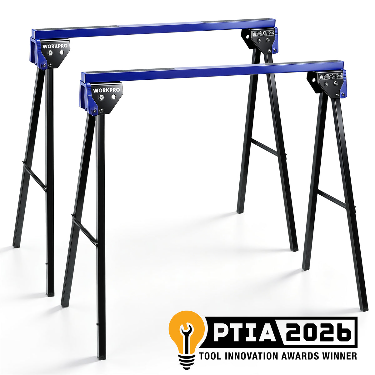 WORKPRO 2-Pack Heavy Duty Folding Sawhorses, 1800 lbs Load Capacity, Steel Sawhorse with Interlocking Design & Non-Slip Top for Workshop, Garage and Construction Projects
