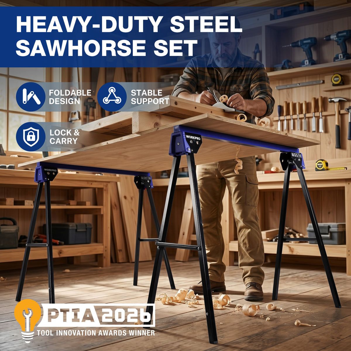 WORKPRO 2-Pack Heavy Duty Folding Sawhorses, 1800 lbs Load Capacity, Steel Sawhorse with Interlocking Design & Non-Slip Top for Workshop, Garage and Construction Projects