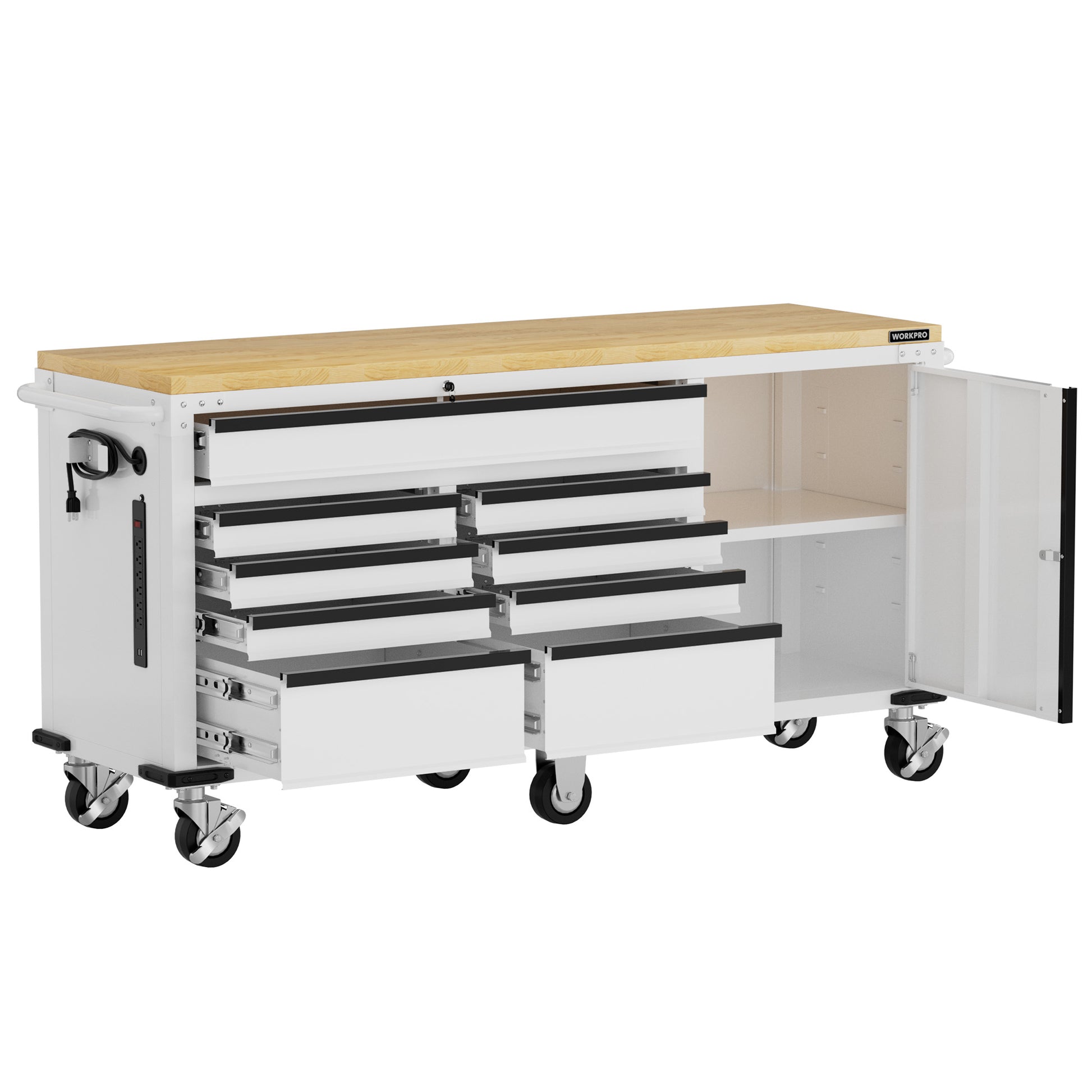 WORKPRO 72 inch x 22 inch 9-Drawer tool chest in white with durable powder-coated steel and secure locking