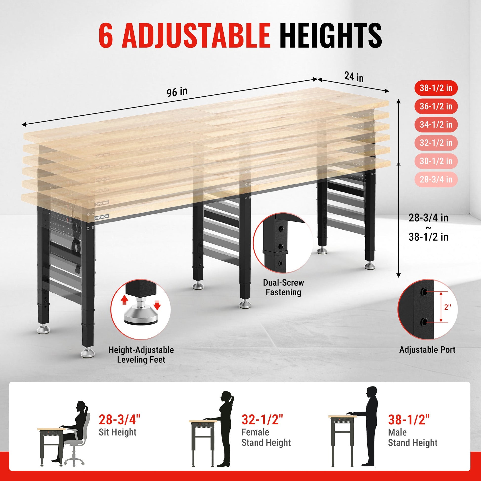 Adjustable-height workbench with light wood top and underframe support legs
