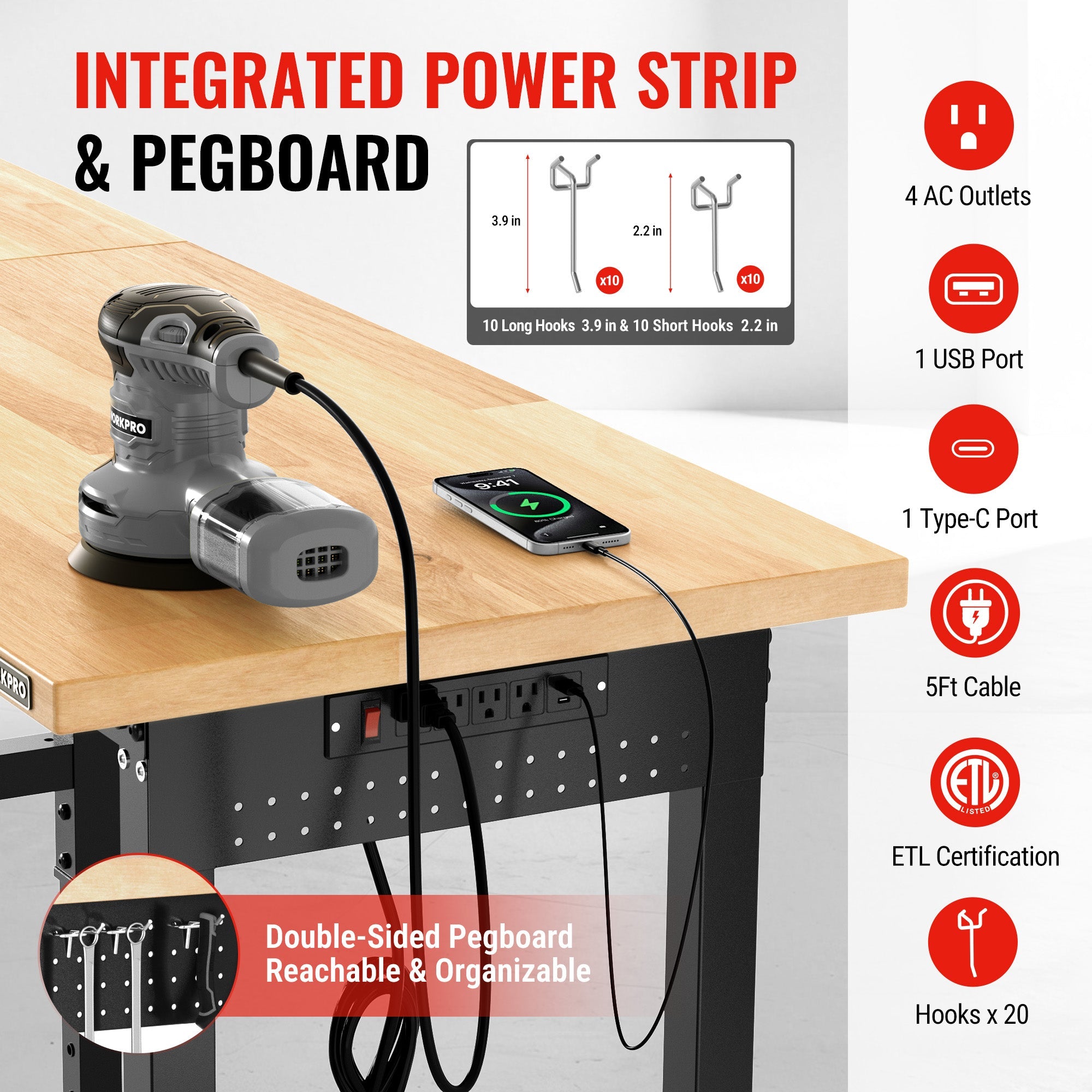Workbench with integrated power strip and double-sided pegboard under tabletop