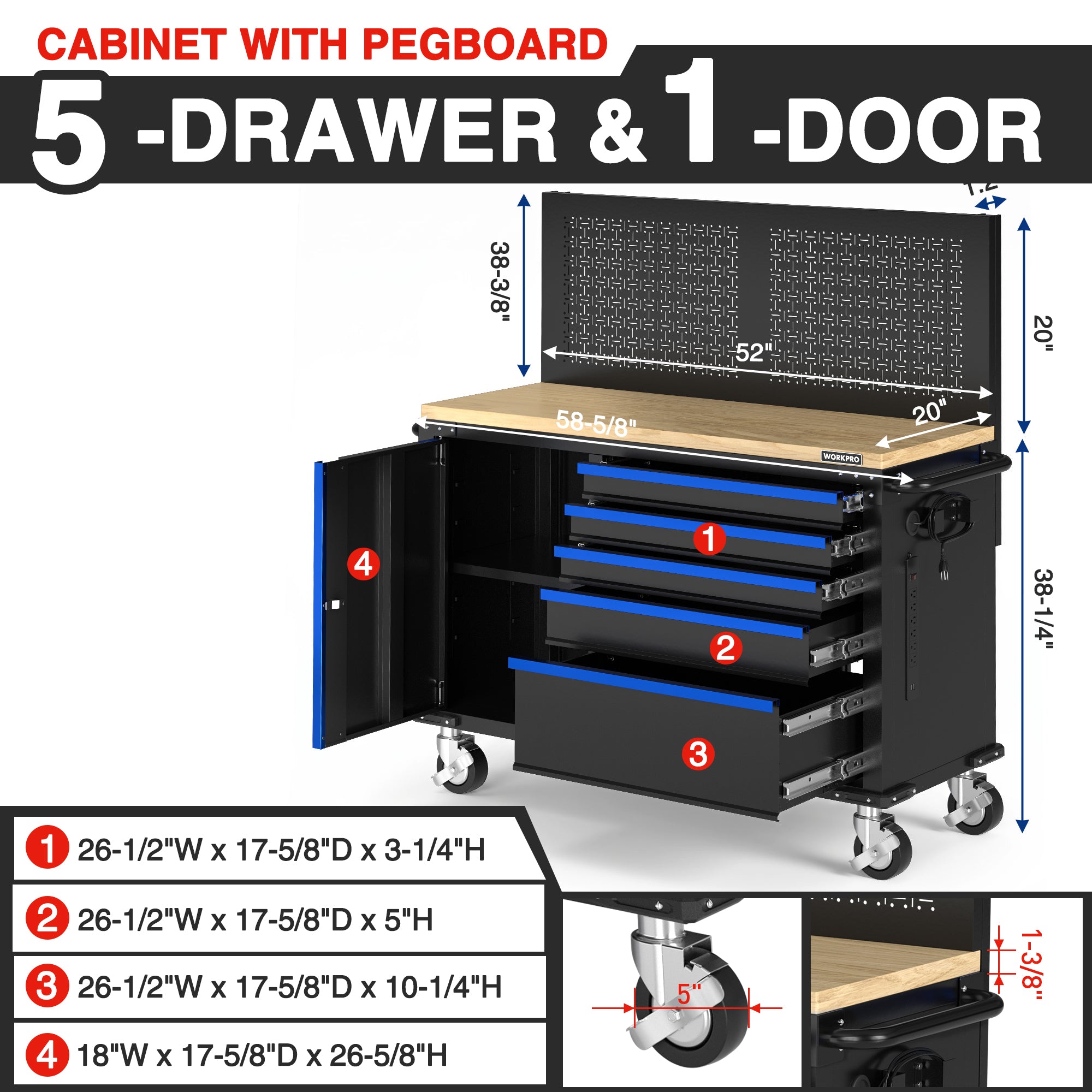 WORKPRO 52" x 20" Rolling Tool Chest with Pegboard, 5-Drawer & 1-Door