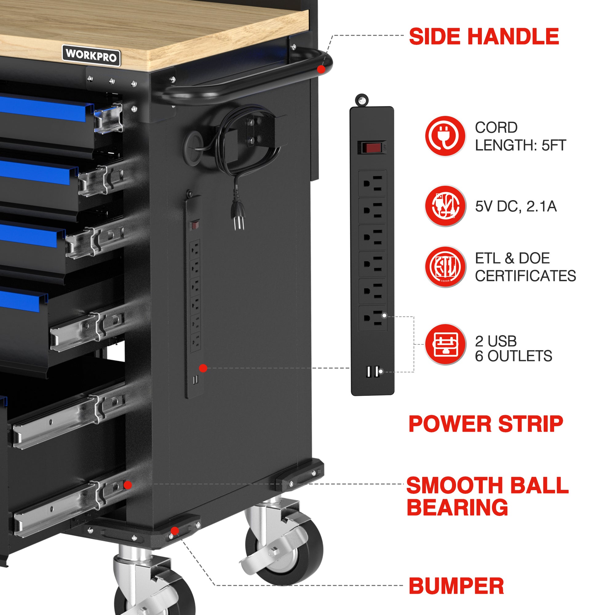 WORKPRO 52" x 20" Rolling Tool Chest with Pegboard, 5-Drawer & 1-Door