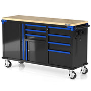 Blue-accented black rolling tool chest with 7 drawers, 2 doors, and swivel casters
