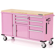 Pink 7-drawer rolling tool chest with 2 doors, hardwood top, and caster wheels