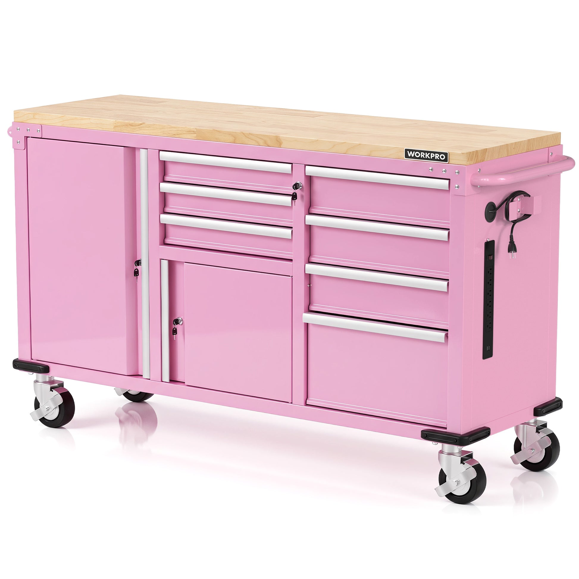 Pink 7-drawer rolling tool chest with 2 doors, hardwood top, and caster wheels