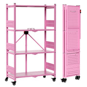 WORKPRO 4-Tier Folding Shelf, No-Assembly Metal Storage Rack with Wheels, 600 lbs Capacity (with Leveling Feet), Collapsible Shelving Unit for Kitchen, Pantry, Closet & Craft Shows - Pink