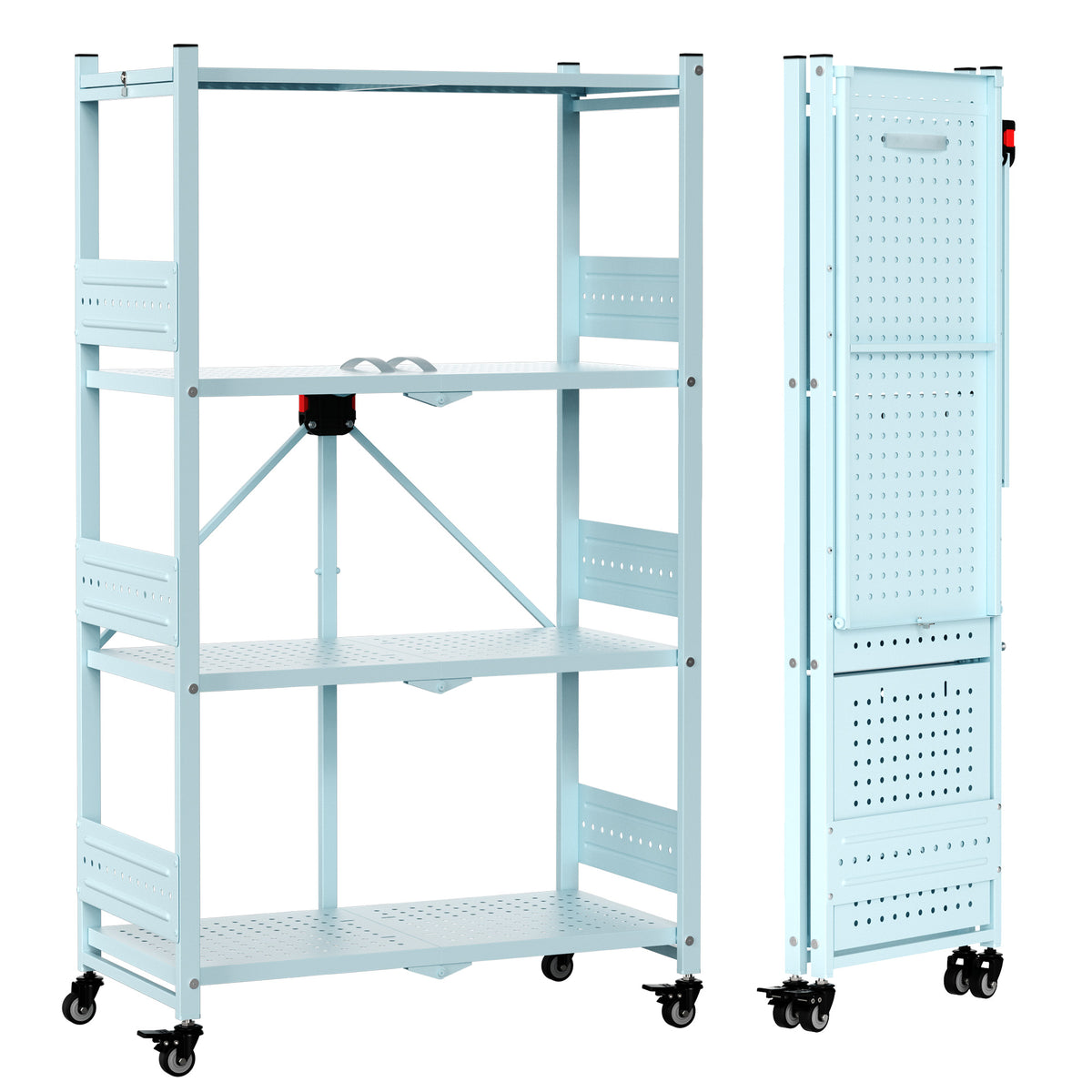 WORKPRO 4-Tier Folding Shelf, No-Assembly Metal Storage Rack with Wheels, 600 lbs Capacity (with Leveling Feet), Collapsible Shelving Unit for Kitchen, Pantry, Closet & Craft Shows - Blue