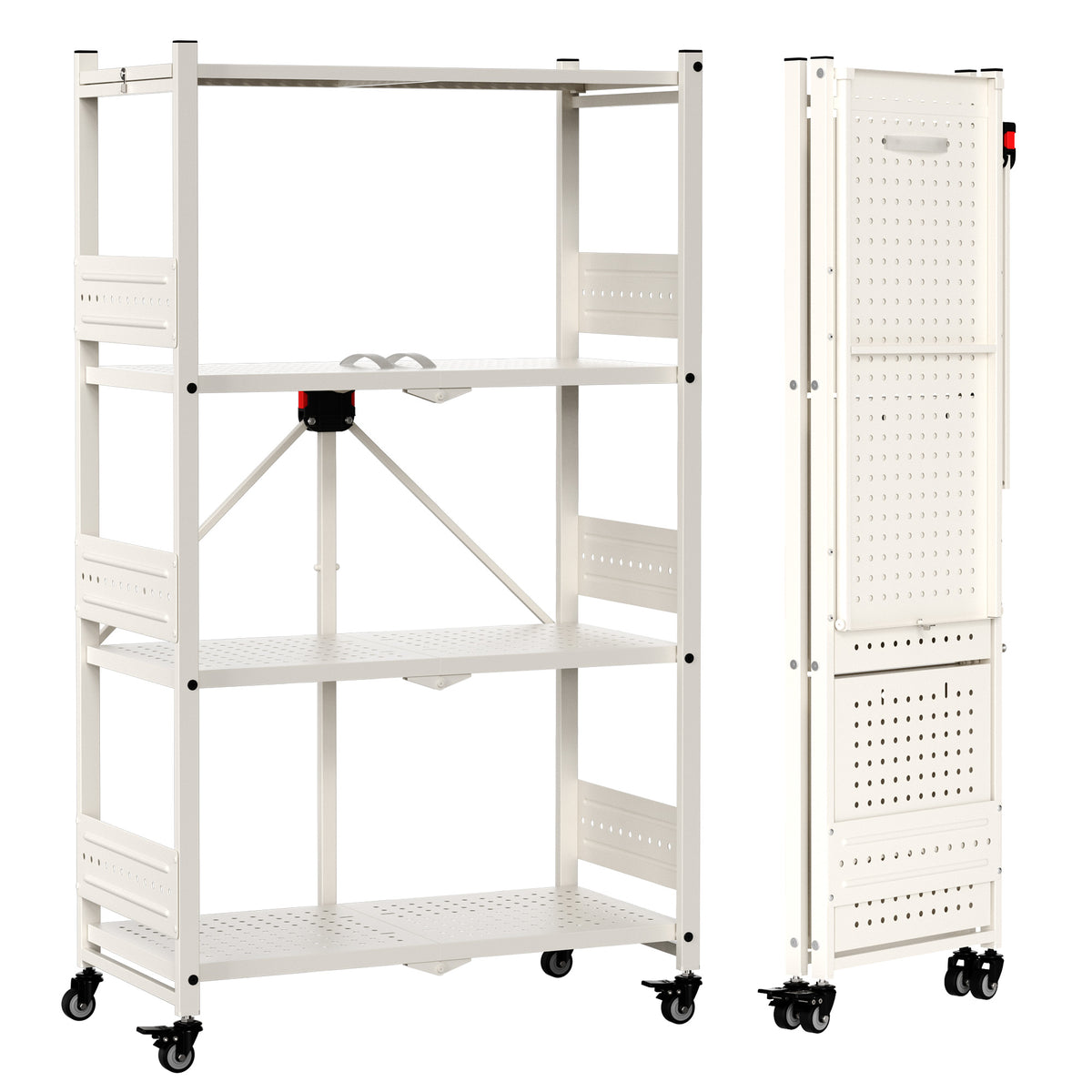 WORKPRO 4-Tier Folding Shelf, No-Assembly Metal Storage Rack with Wheels, 600 lbs Capacity (with Leveling Feet), Collapsible Shelving Unit for Kitchen, Pantry, Closet & Craft Shows - White