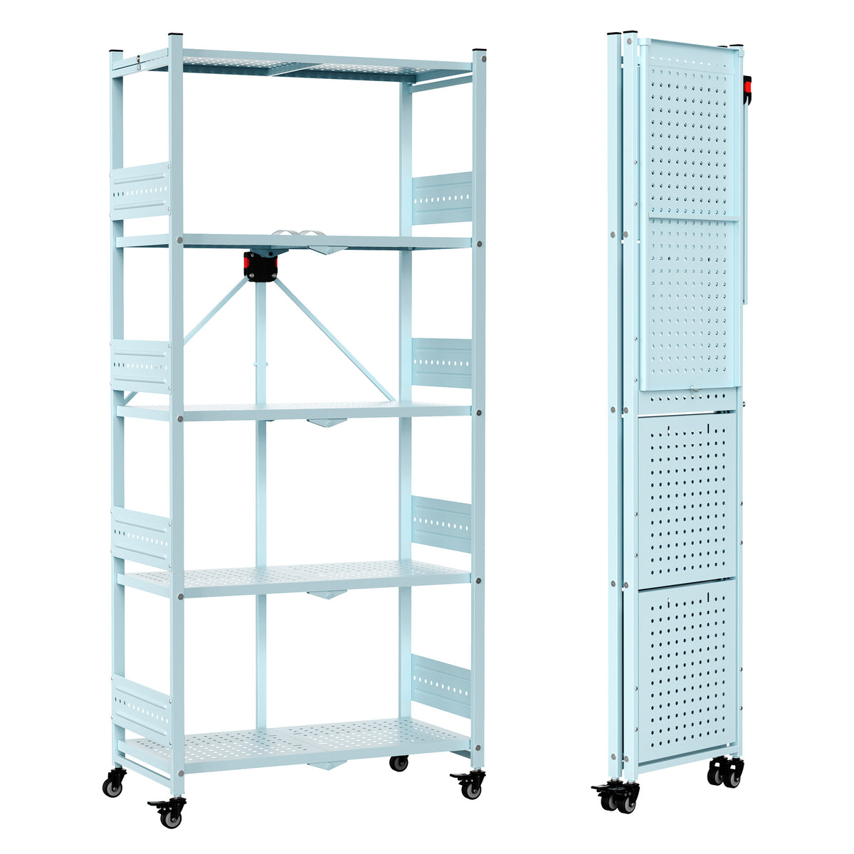 WORKPRO 5-Tier Folding Shelf, No-Assembly Metal Storage Rack with Wheels, 750 lbs Capacity (with Leveling Feet), Collapsible Shelving Unit for Kitchen, Pantry, Closet & Craft Shows - Blue
