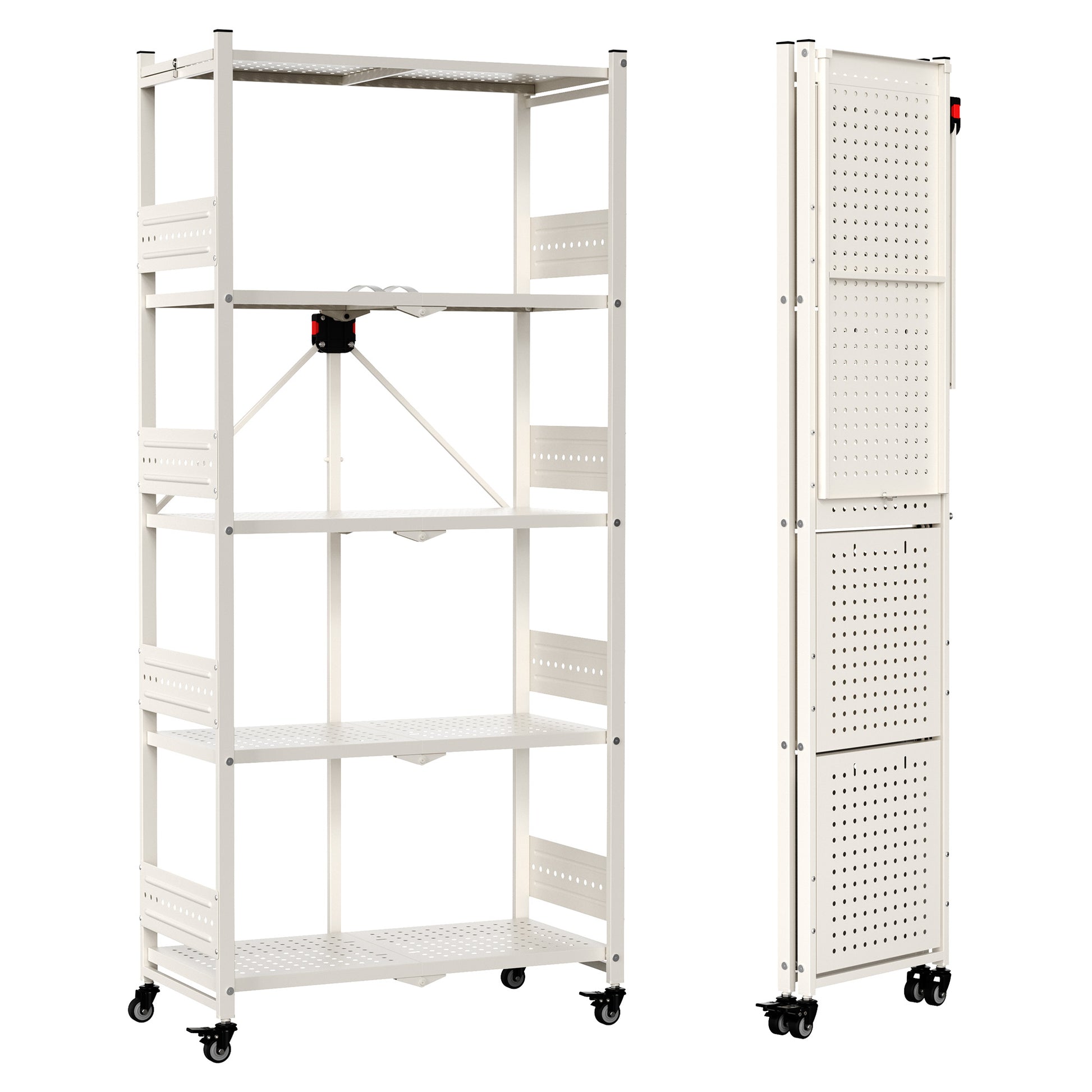 WORKPRO 5-Tier folding shelf rack in white metal with innovation quality and secure wheels for durable storage