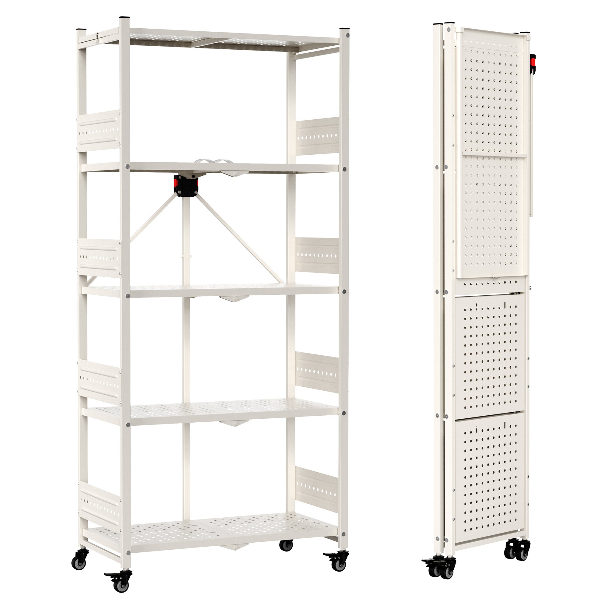 WORKPRO 5-Tier folding shelf rack in white metal with innovation quality and secure wheels for durable storage