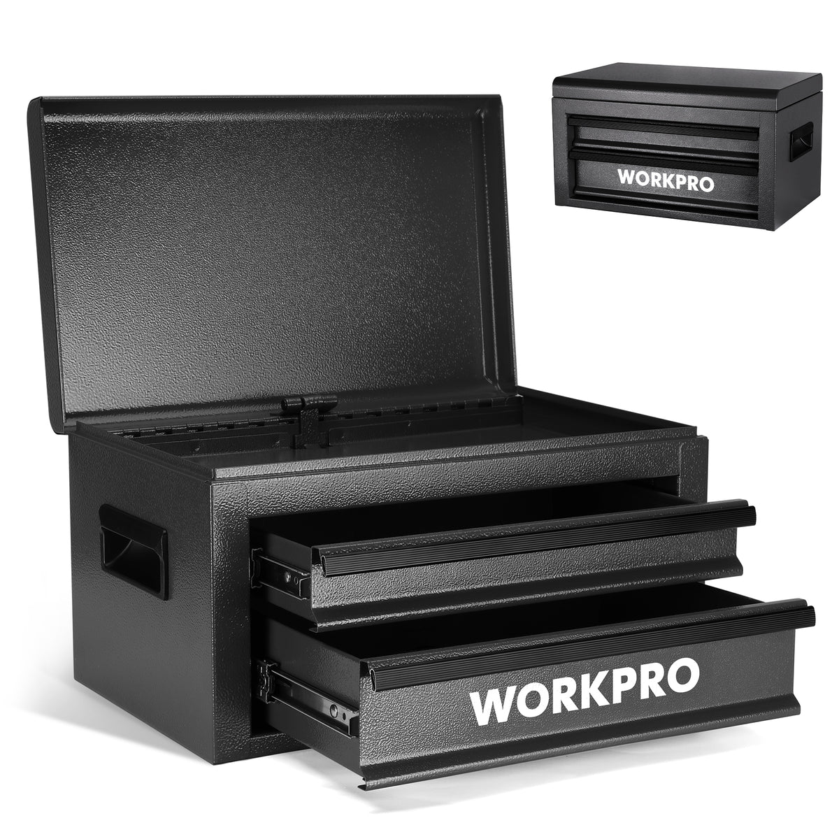 WORKPRO 15-Inch Metal Tool Box with 2 Drawers & Top Storage, Black