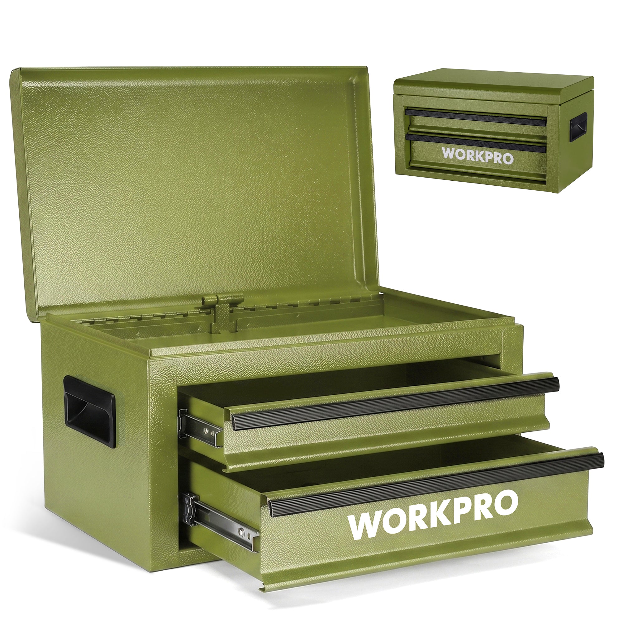 WORKPRO 15-Inch Metal Tool Box with 2 Drawers & Top Storage, Green